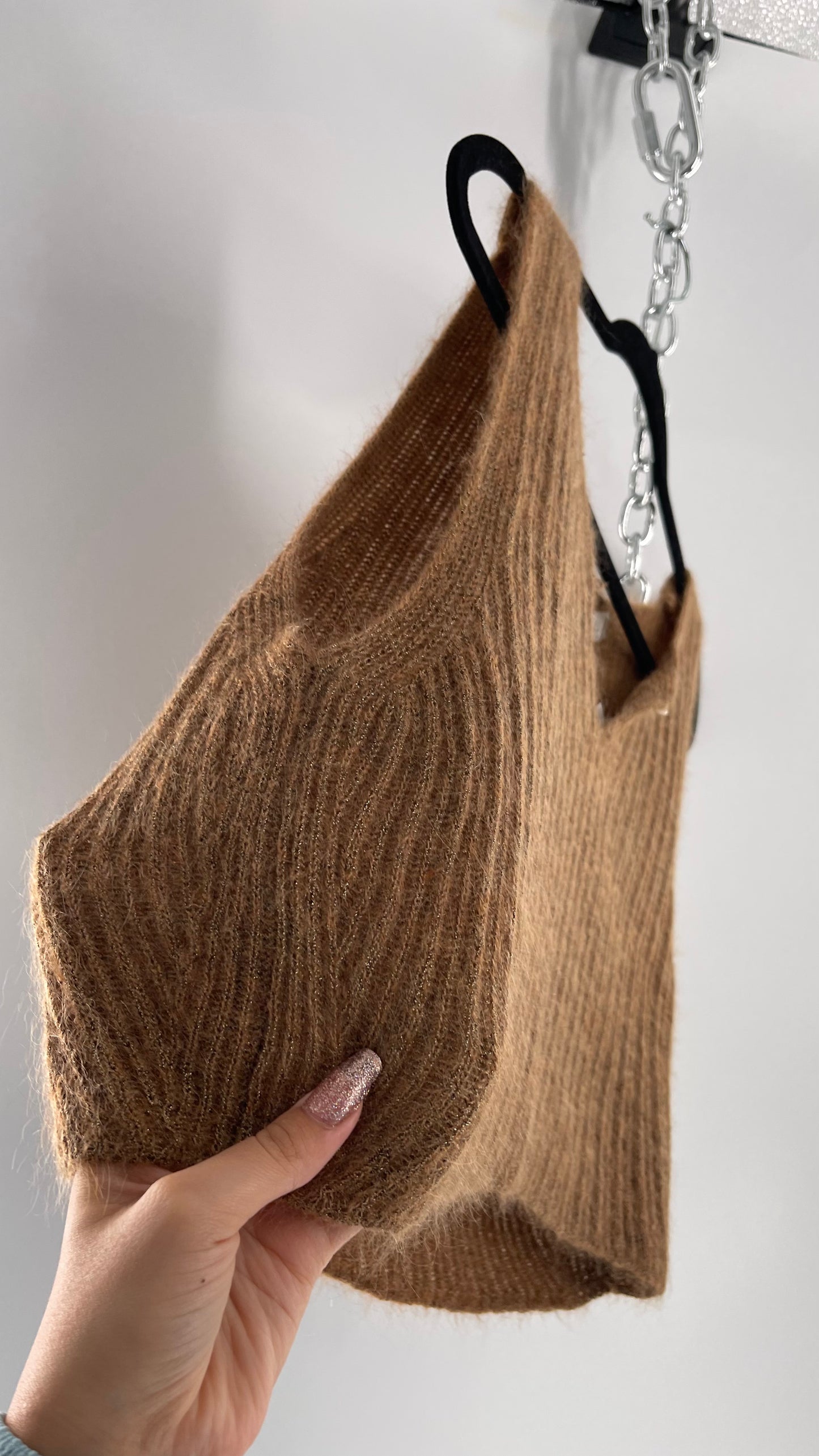Vintage Anne Klein 42% Mohair Tan Knit Tank with Gold Tinsel (Large)