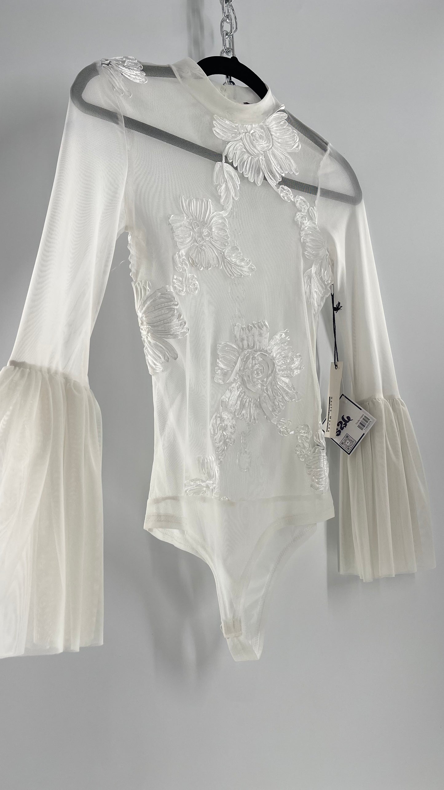 Haute Monde White Mesh Bodysuit with Ribbon Embroidery, Bell Sleeves and Tags (Small)