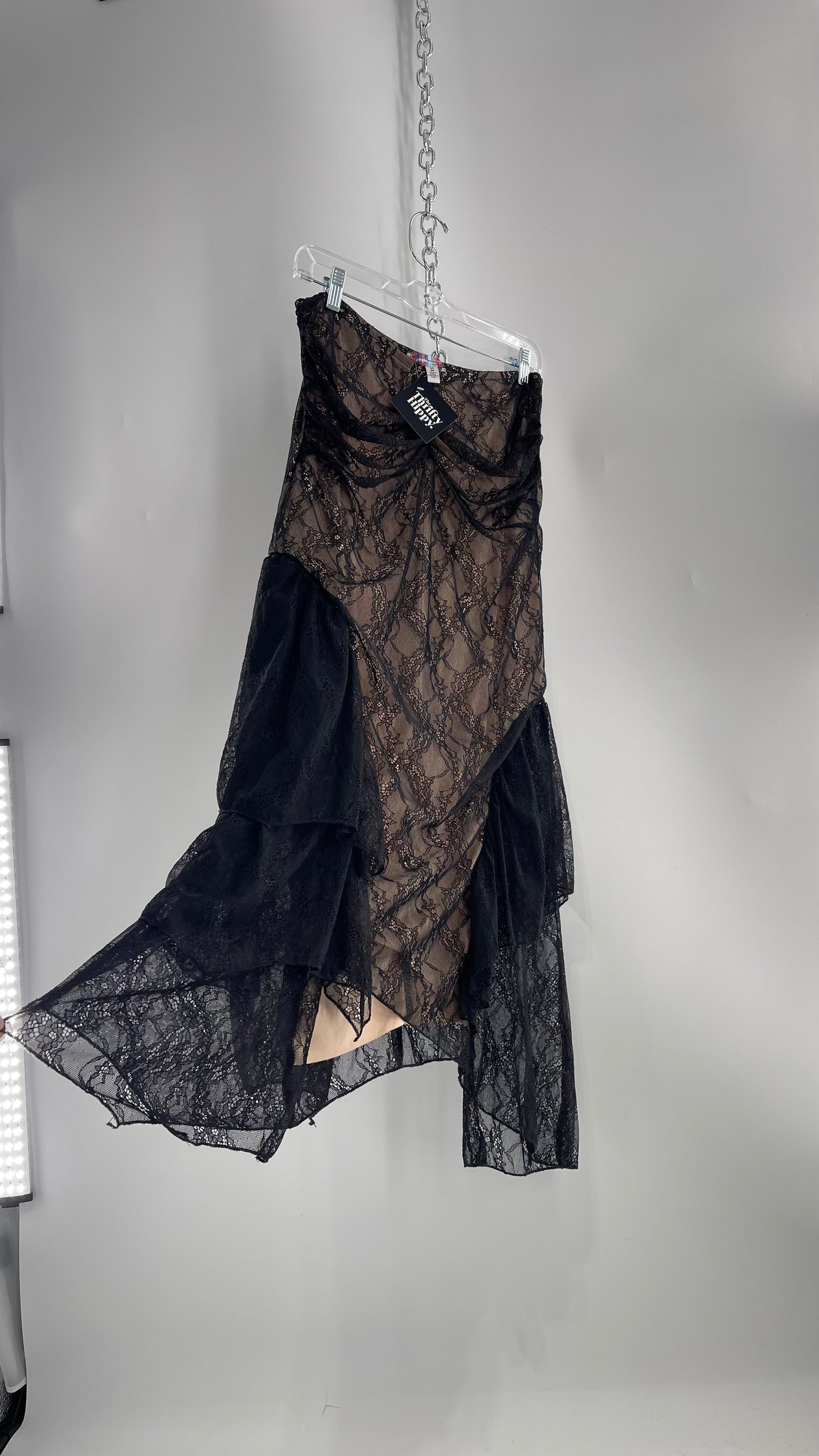 Urban Outfitters Black Lace Midi Skirt with Nude Underlay (Medium)