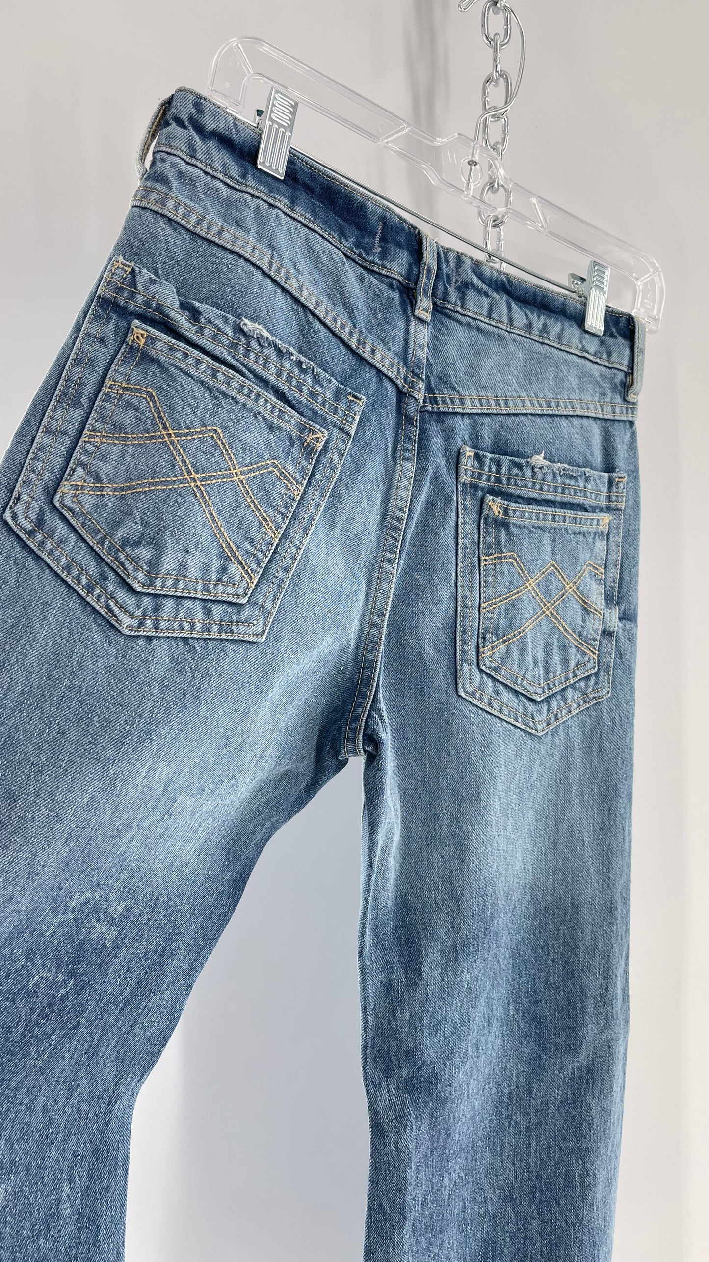 Free People Light Wash Straight Leg Jeans with Distressed Hem, Double Pockets and White Paint with Tags Attached (25)