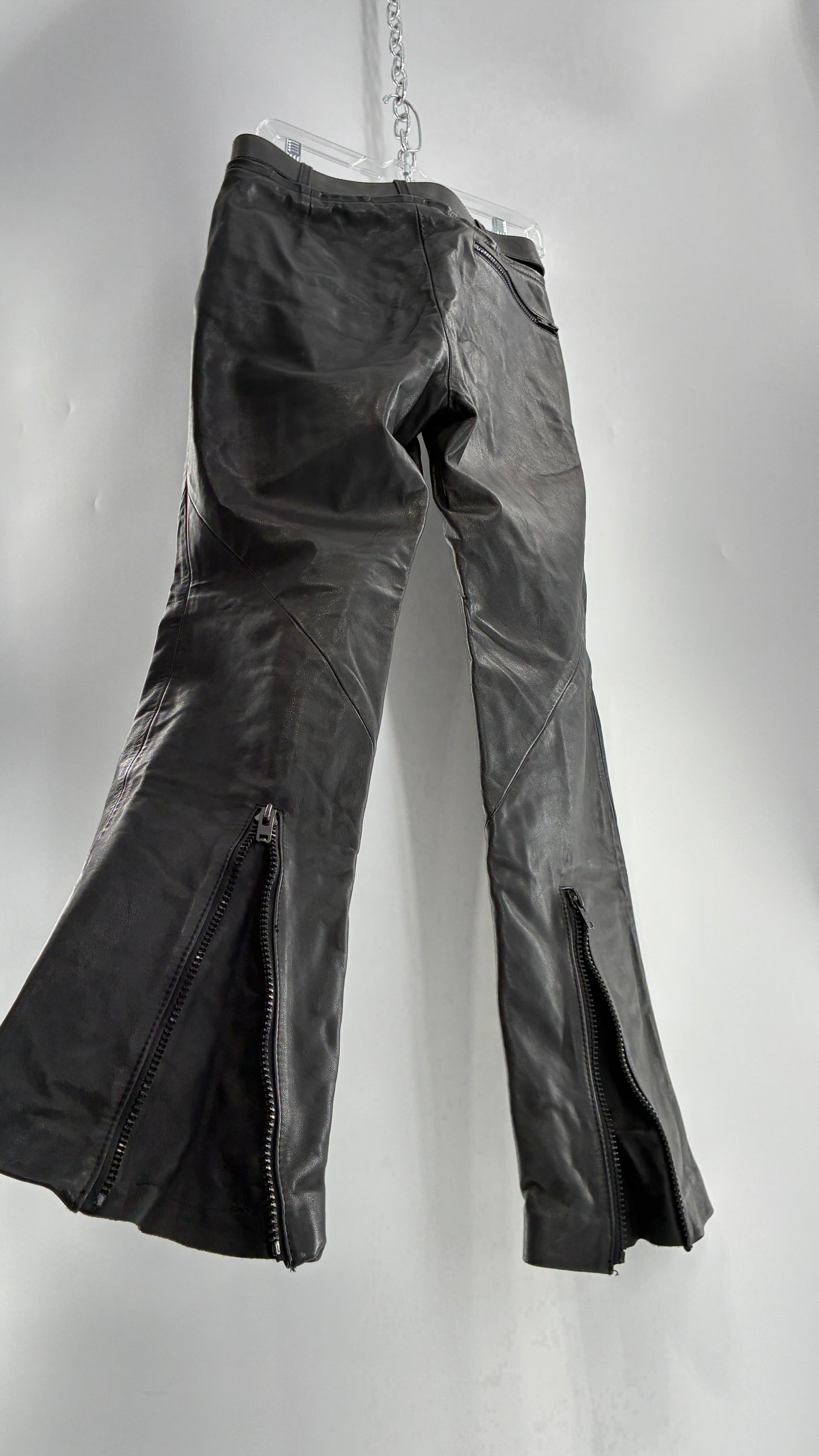 Vintage Black Italian Leather Motorcycyle Pants with Built In Belt and Zipper Detailing (XS)