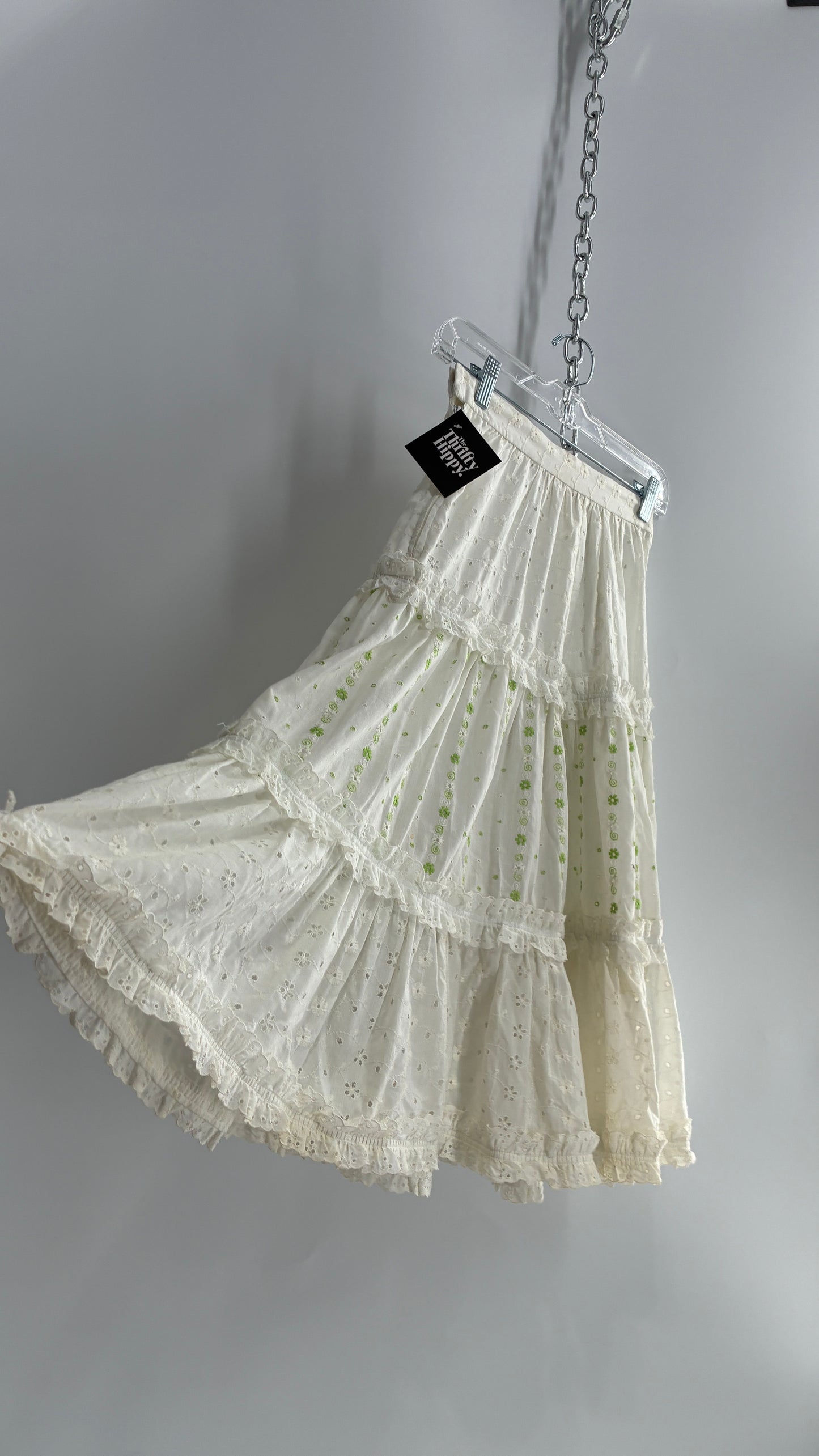 Vintage White Eyelet Lace Tiered Skirt with Ruffled Lace and Green Floral Embroidery (XS)