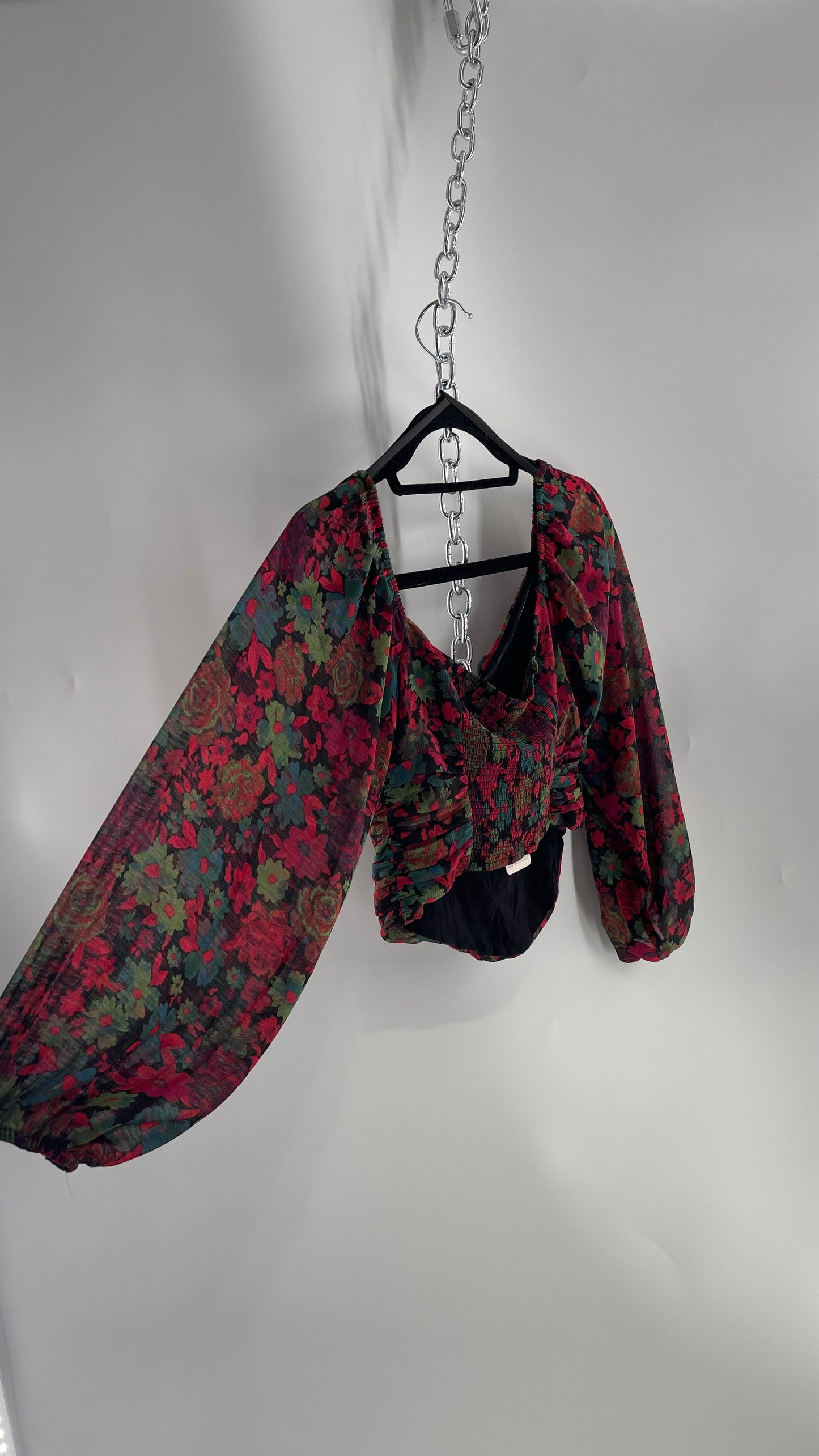 Free People Cropped Floral Blouse with Ruched Body, Balloon Sleeves and Appliqué Rosette Bustline with Tags Attached (Small)
