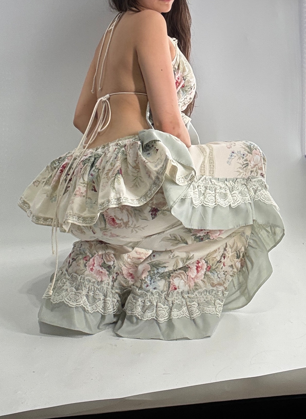Handmade Vintage Muted Florals Two Piece Set with Adjustable Waist and Bust Lines (XS-XL)