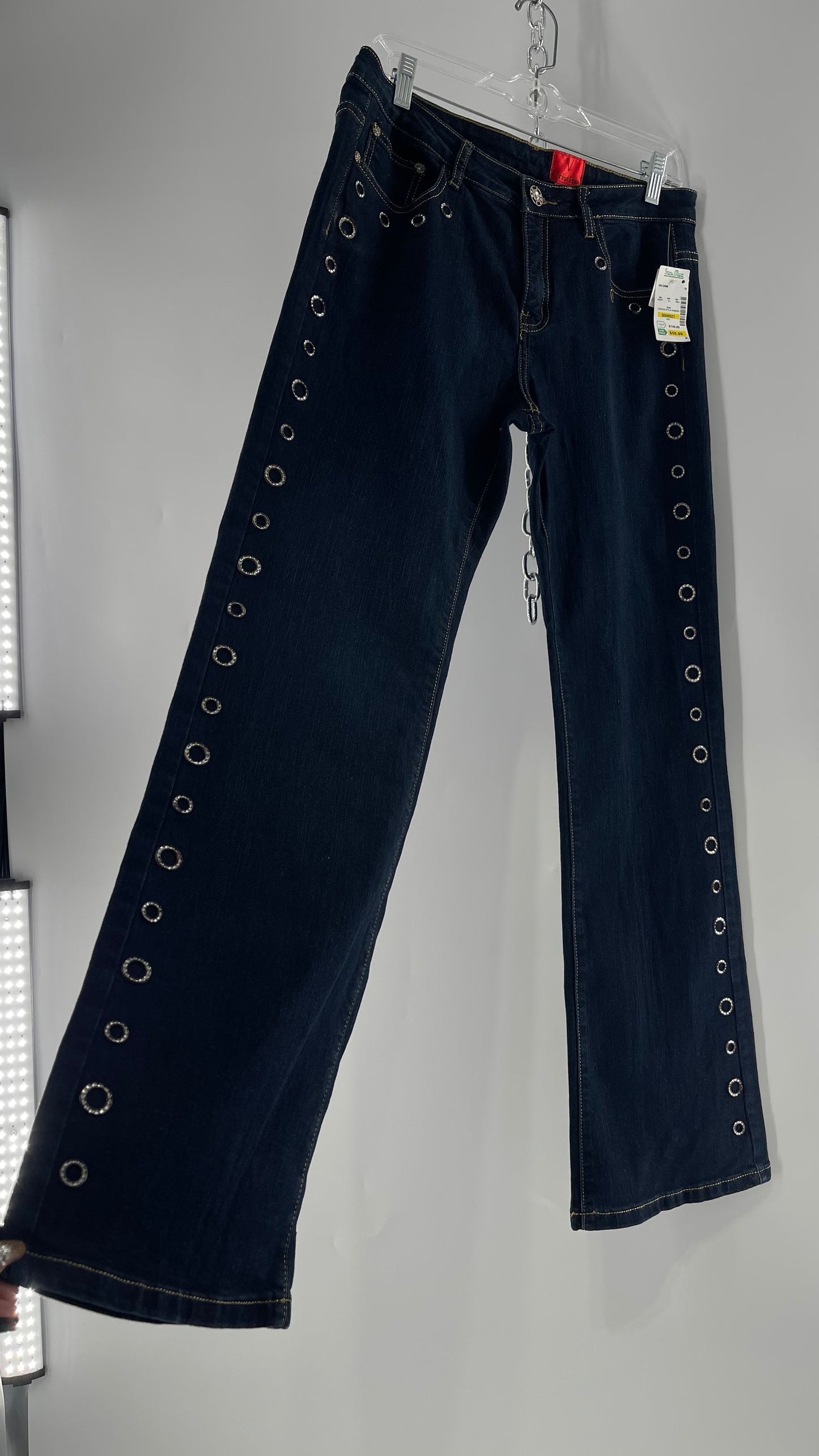 Deadstock Vintage V Christina Dark Wash Gemstone Gold Grommet Jeans (10)