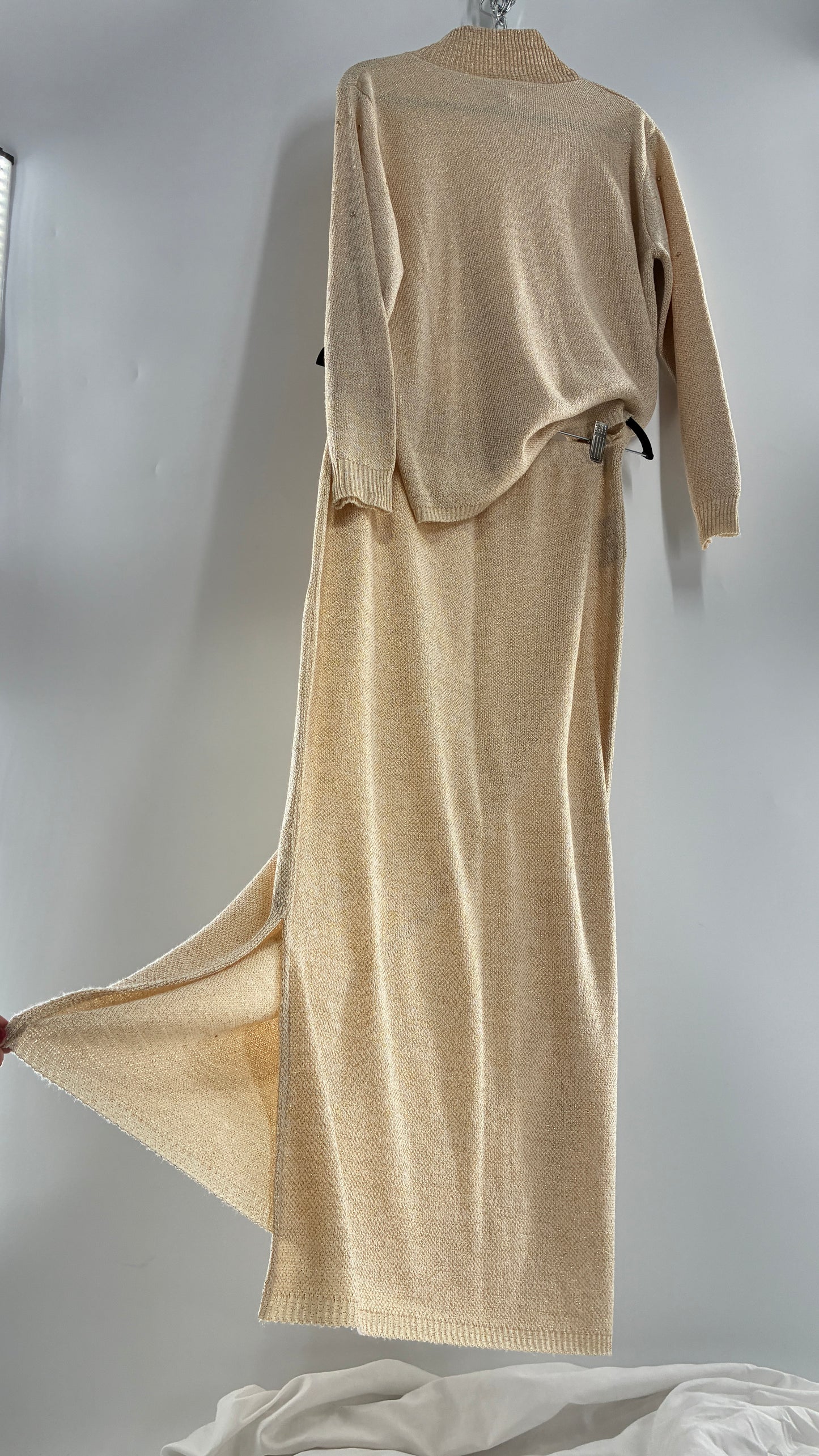 Terry Lewis Classic Luxeries Beige Knit Sweater and Skirt with Gold Tinsel Thread and Rhinestone Collar (Large)
