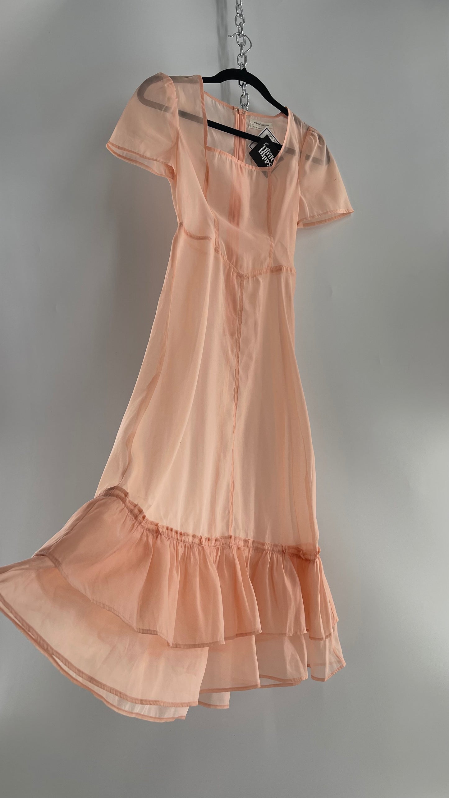 Urban Outfitters Pink/Peach Voile Vintage Inspired MIDI Dress with Ruffled Hem (XS)