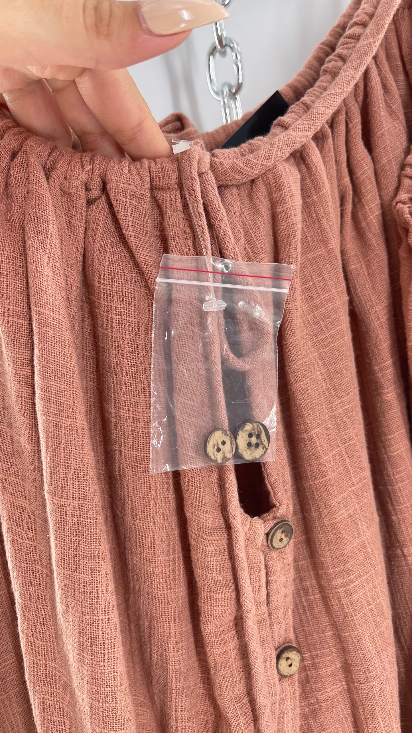 Free People Cotton Blush Pink Button Front Cold Shoulder Dress (Medium)
