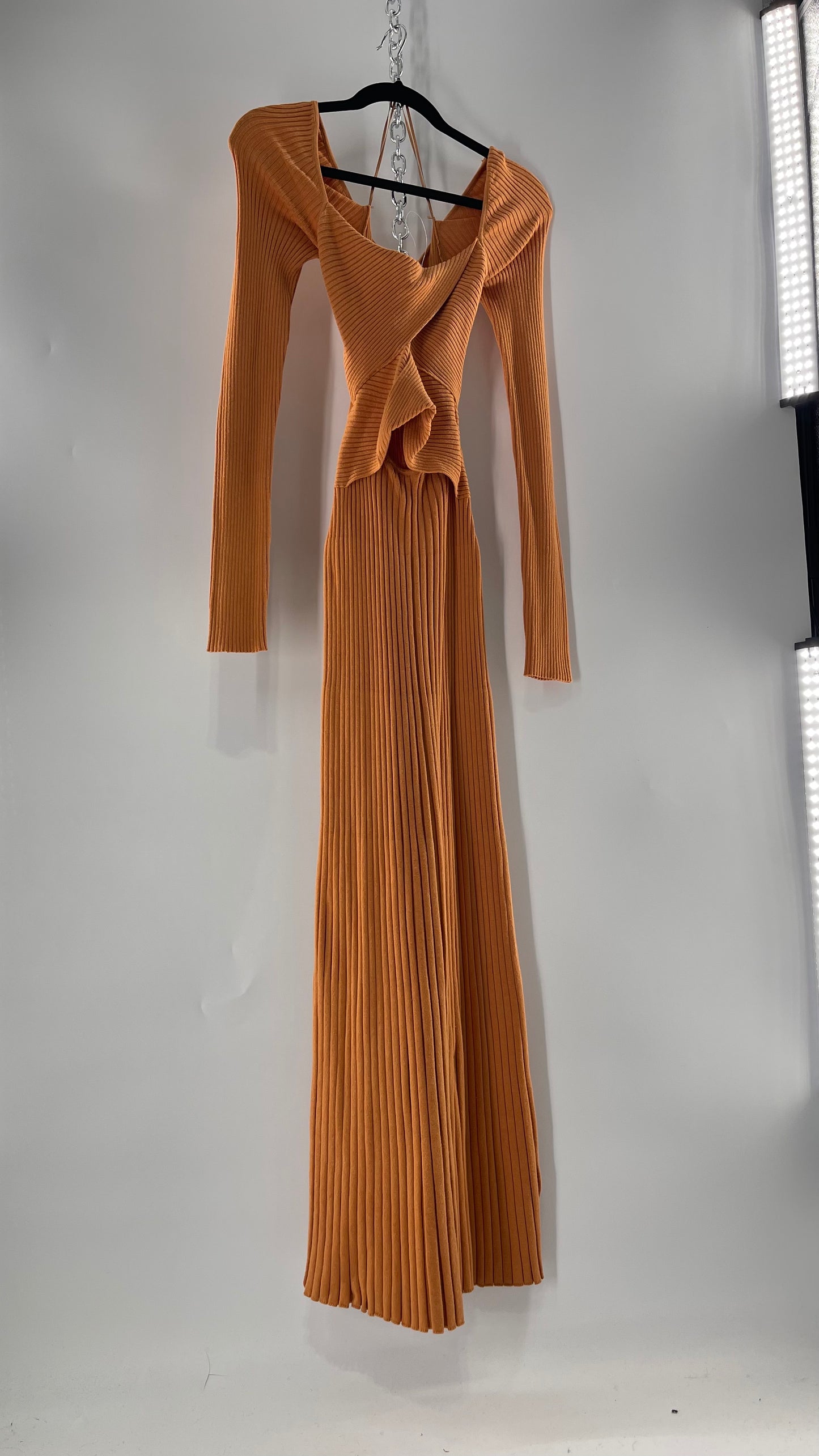 Free People Orange Knit Maxi Dress with Bandage Bust and Exposed Cut Out Midriff (Medium)