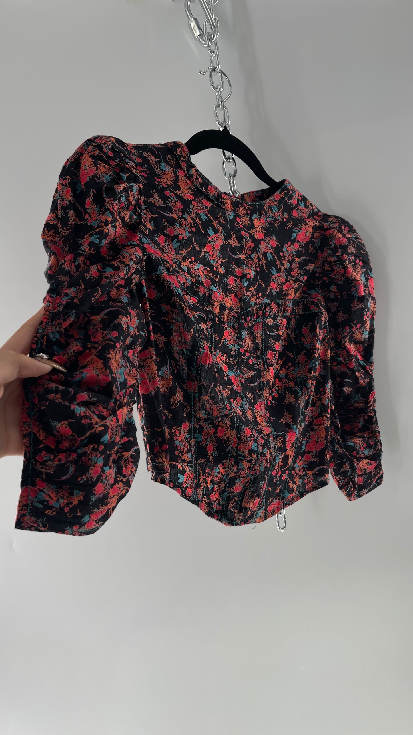 Free People Black Corset-esque Crop Top with Open Back and Ruched Sleeves (XS)