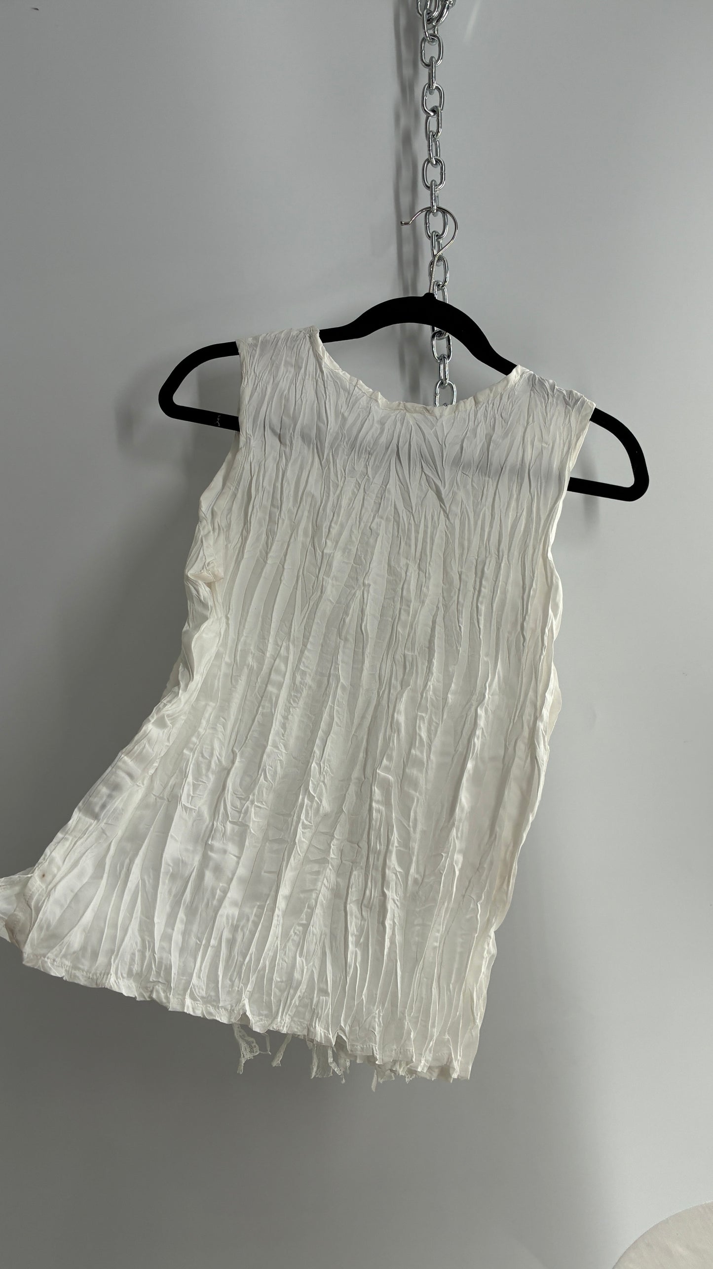 Vintage 1990s Crimped White Camisole with Tassels, Ribbons, and Lace (Medium)