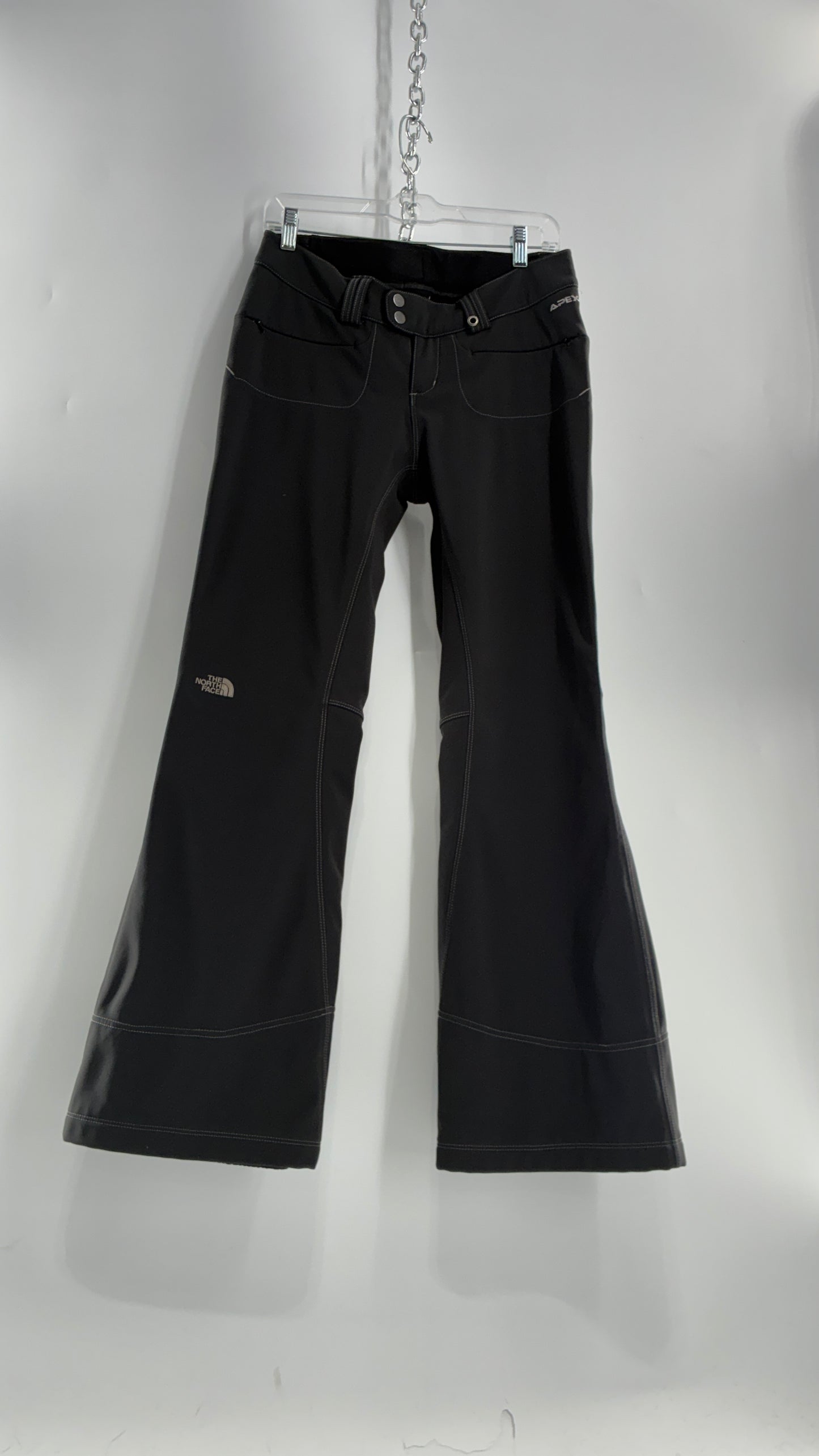 Vintage North Face Dark Gray, Low Rise, Kick Flare Pants with Contrast Stitching, Side Closure and Oversized Bum Pockets (Small)