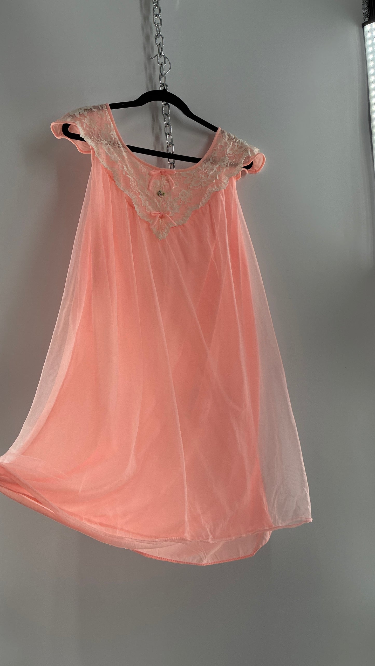 Vintage Neon Pink Babydoll Mini with Lace Sailor Style Neckline with Bows and Embroidery (48)