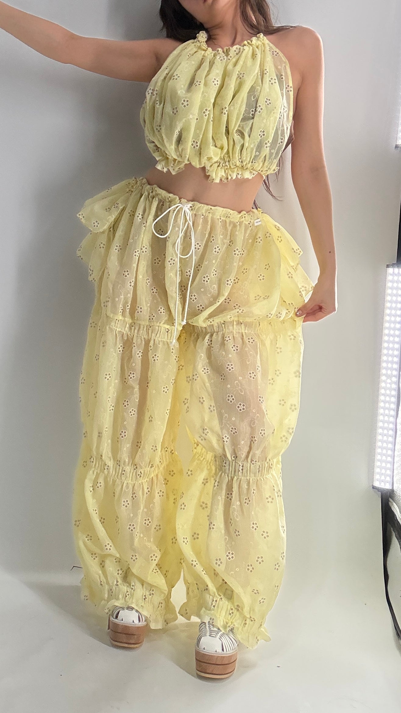 Vintage Handmade 2pc Baby Yellow Set with Tiered Pants, Ruffled Bum, and Floral Eyelet Pattern (XS-M)