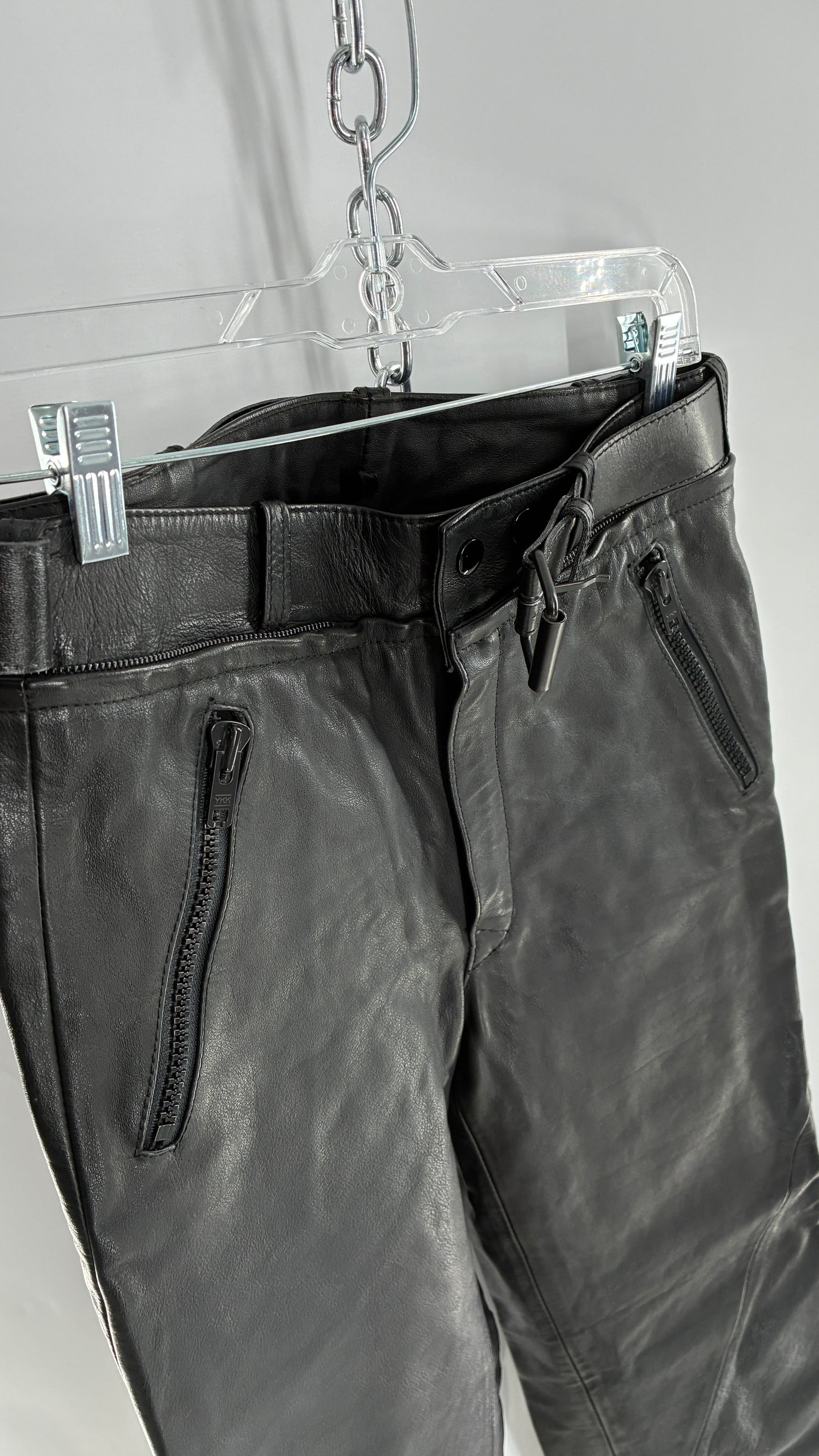 Vintage Black Italian Leather Motorcycyle Pants with Built In Belt and Zipper Detailing (XS)
