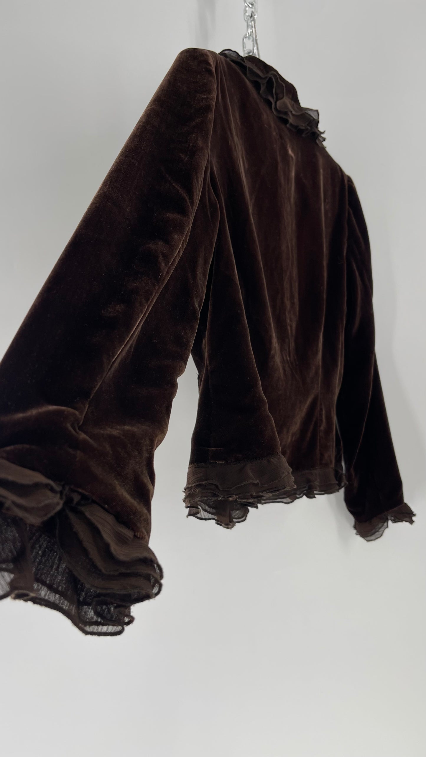 Deadstock Vintage Brown Velvet Anne Carson Blazer with Delicate Crepe Ruffled Hem and Bow Pockets (Medium)