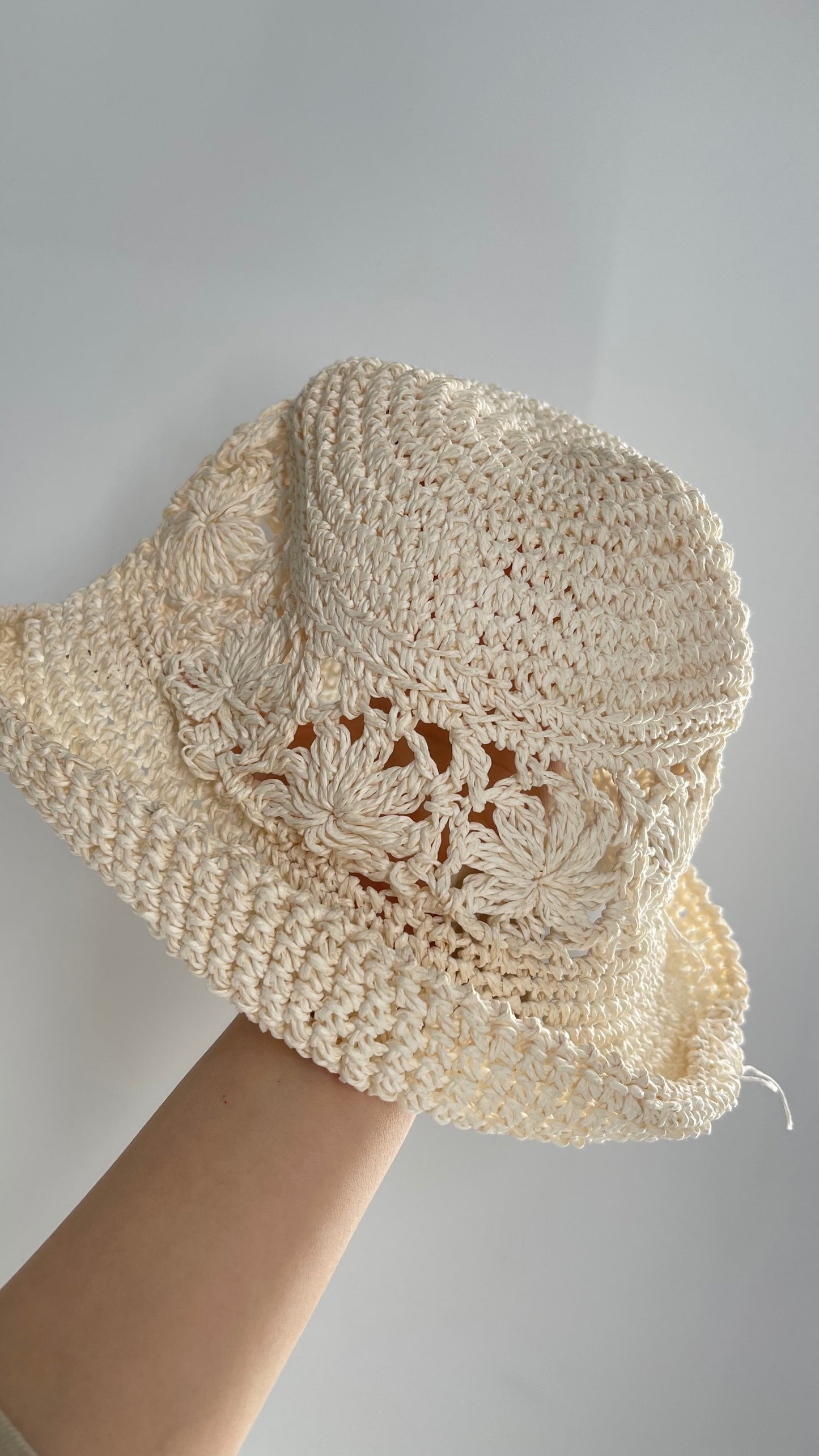 Vintage Off White Crochet Straw Bucket Hat