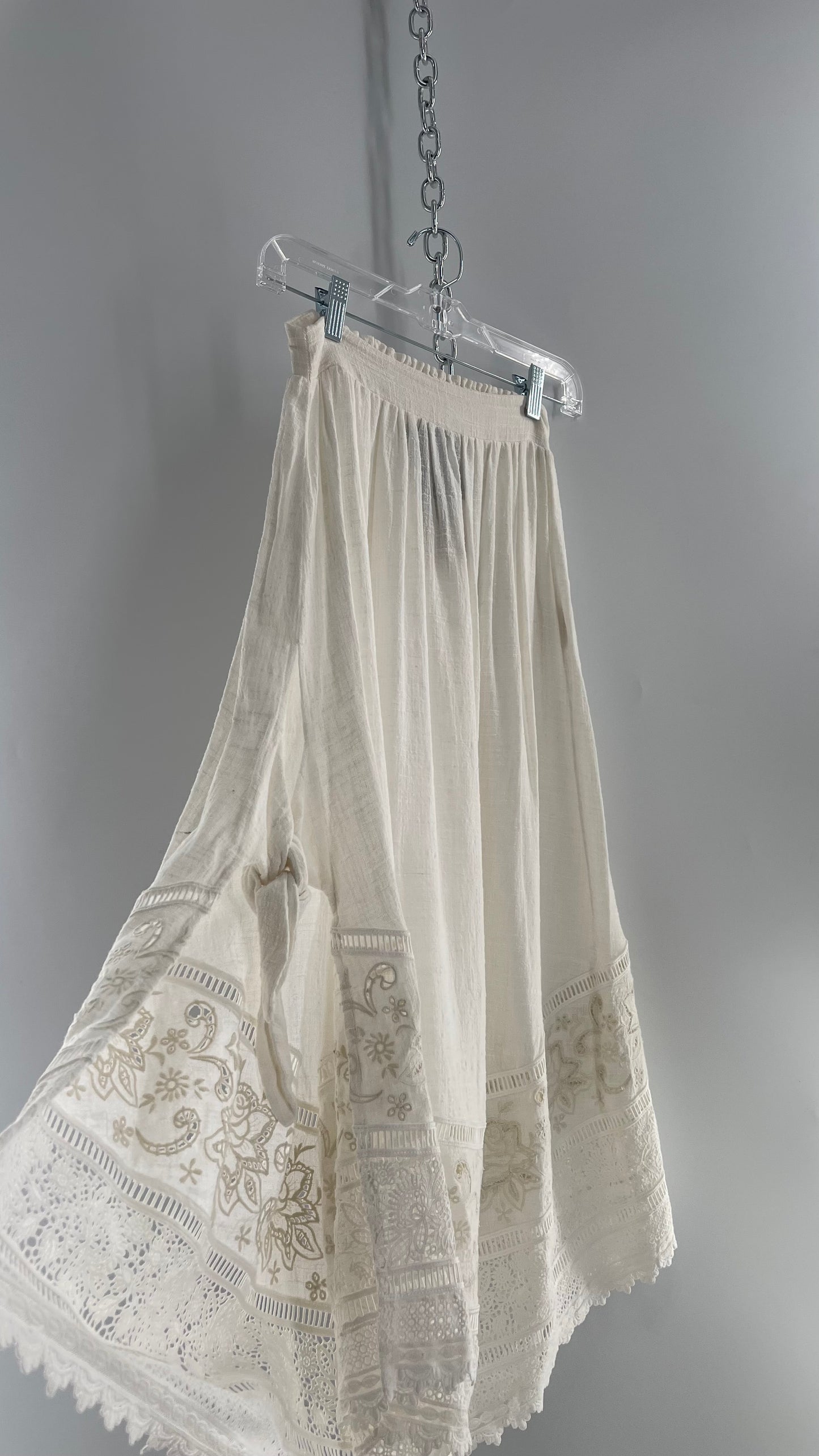 Spell & the Gypsy Full Length Cotton Gauze White Skirt with Tie Sides and Heavily Embroidered Hem (XS)