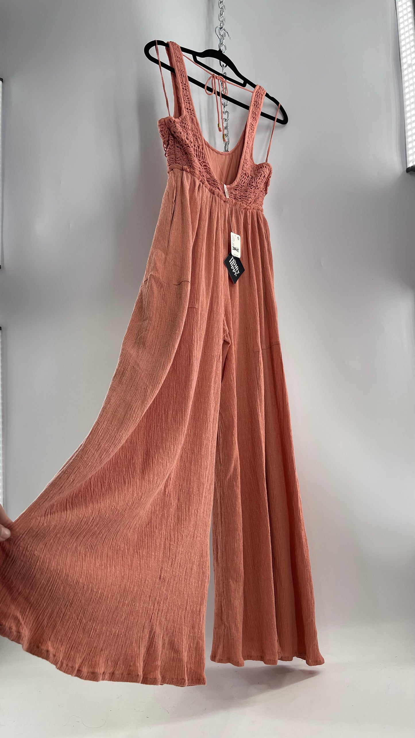 Free People Rose/Peach Pink Wide Leg Jumpsuit with Crochet Bust and Tags Attached (XS)