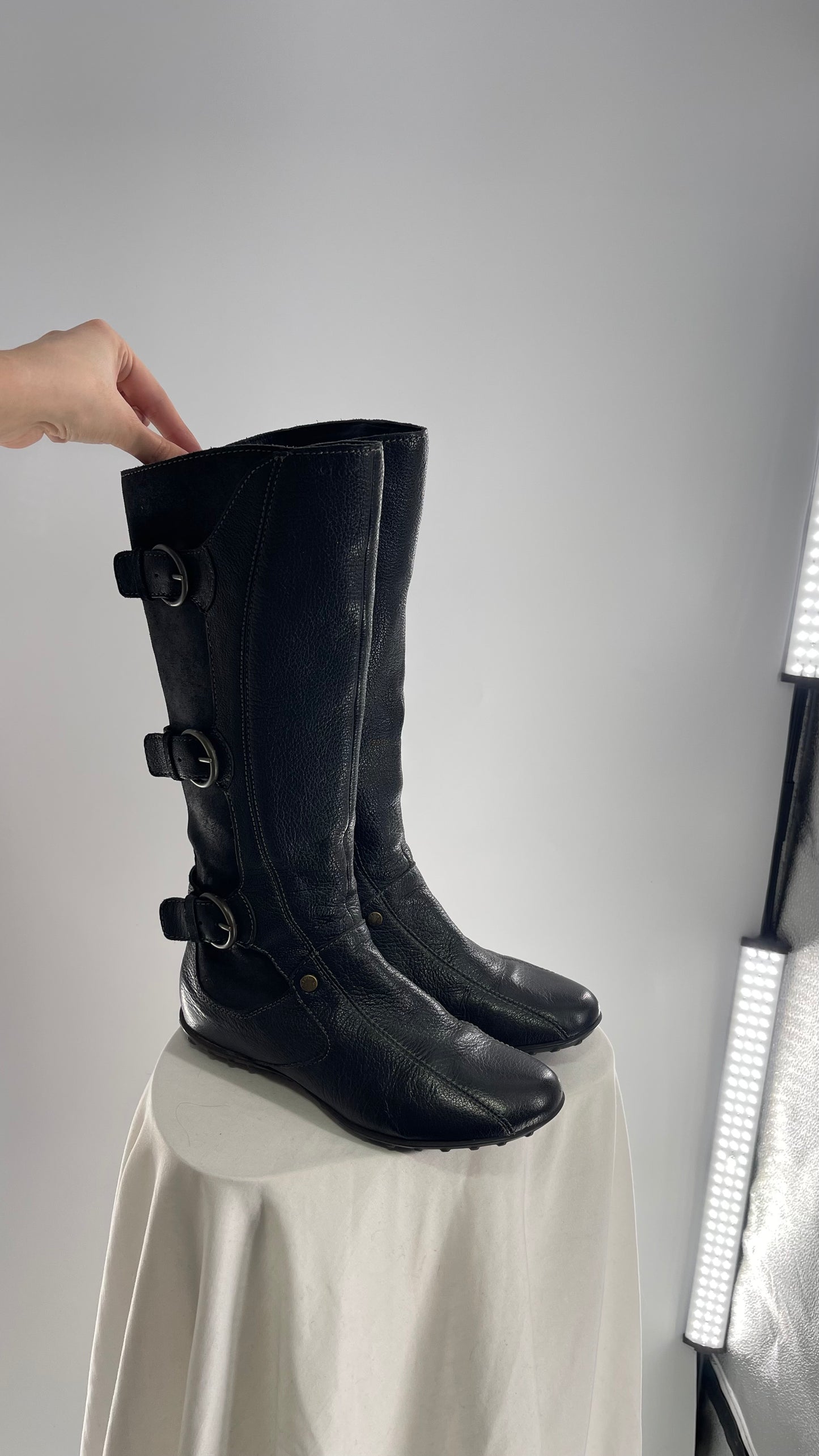 GEOX Black Leather Buckle Knee High Boots
