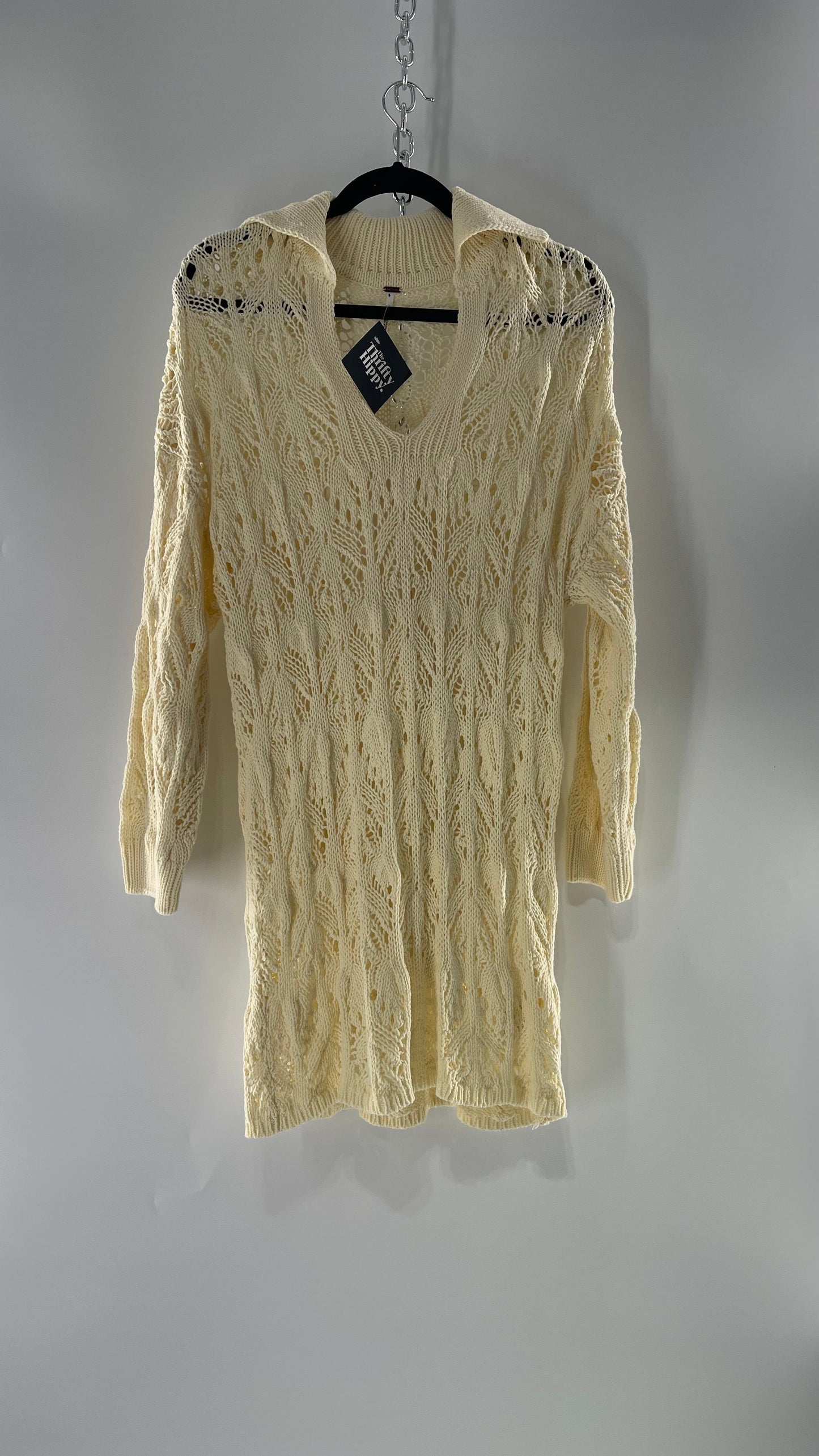 Free People Baby Yellow Comfy n Cozy Open Stitch Knit Sweater Dress (M)