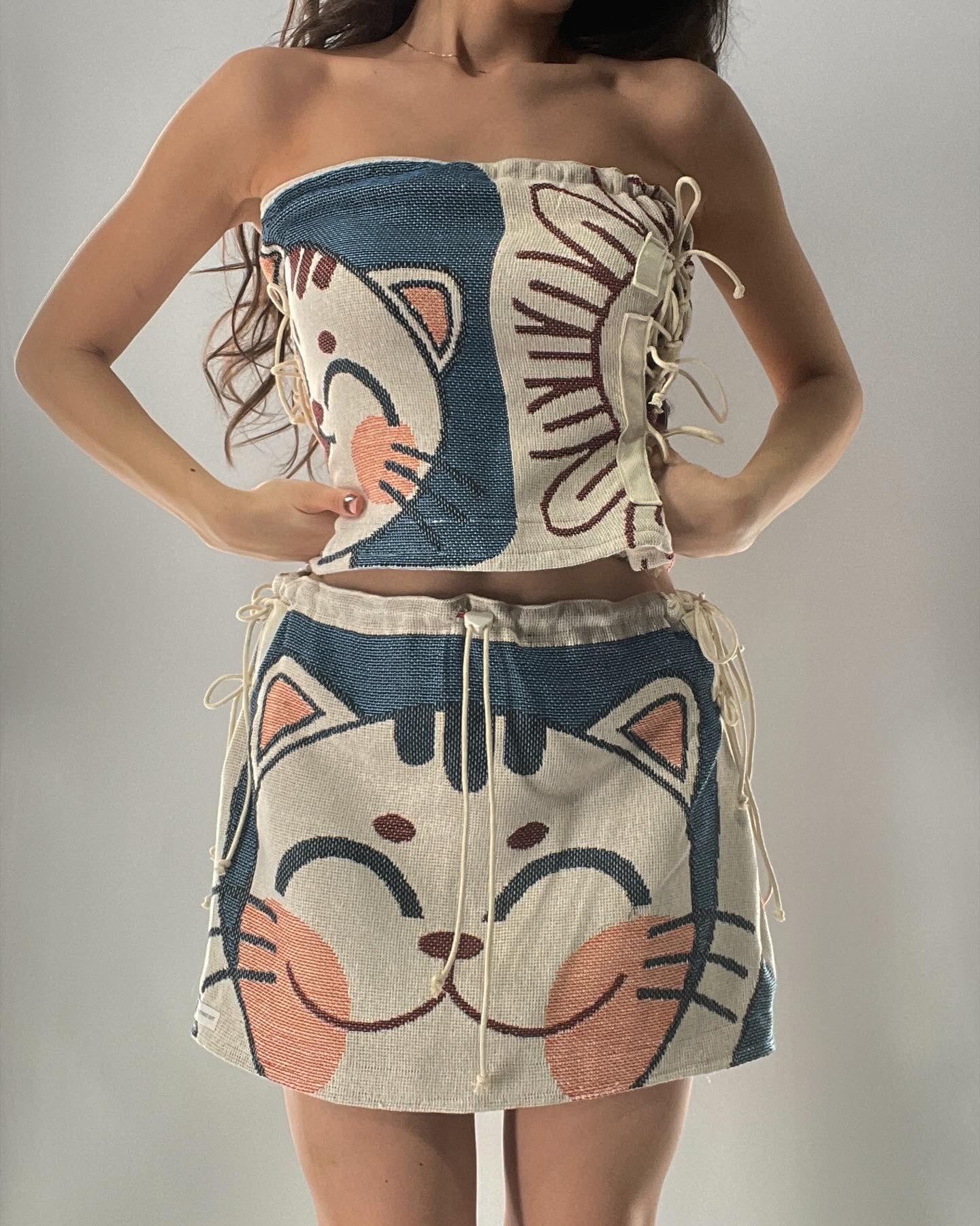 Vintage Tapestry Kitty 2pc Set with Adjustable Corseted Top and Adjustable Corseted Micro Skirt (S-L)