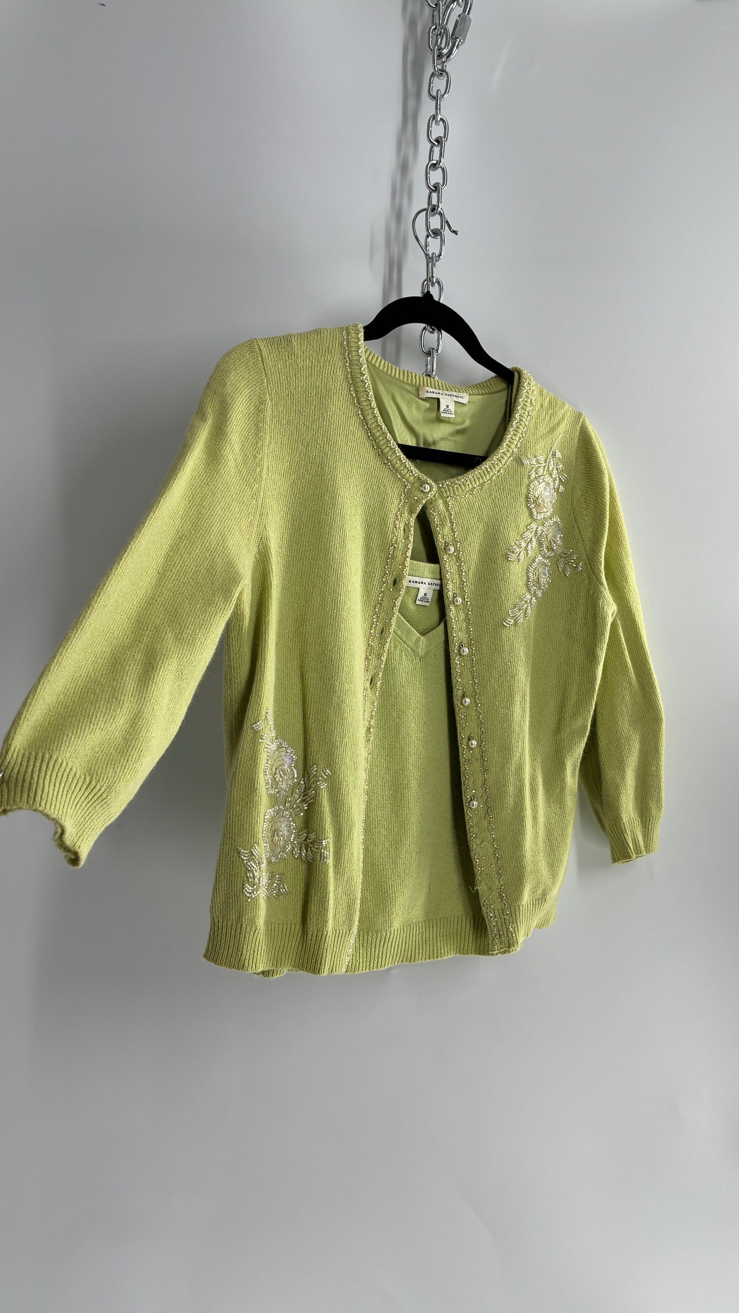 Vintage Banana Republic Bedazzled, Beaded Lime Green Cardigan and Knit Tank Set (Medium)