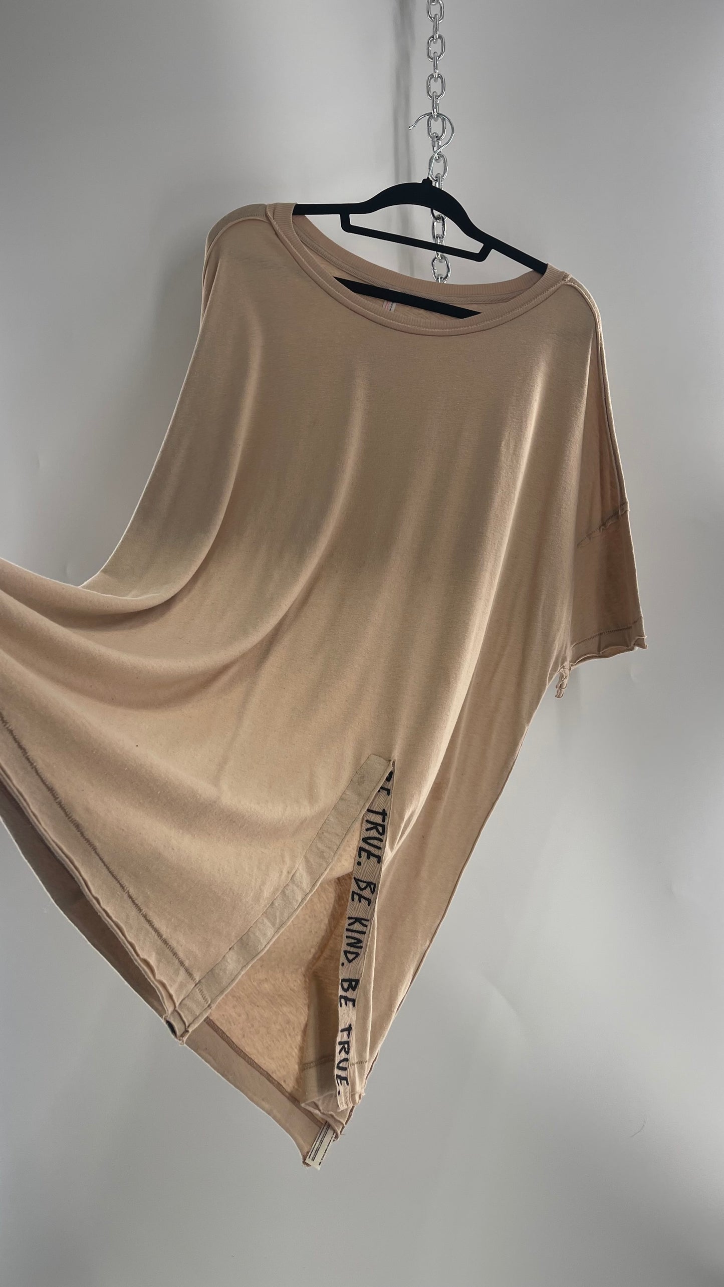 Free People Movement Oversized Light Beige Short Sleeve T-Shirt with Slit Embroidered Detail (Size XS)