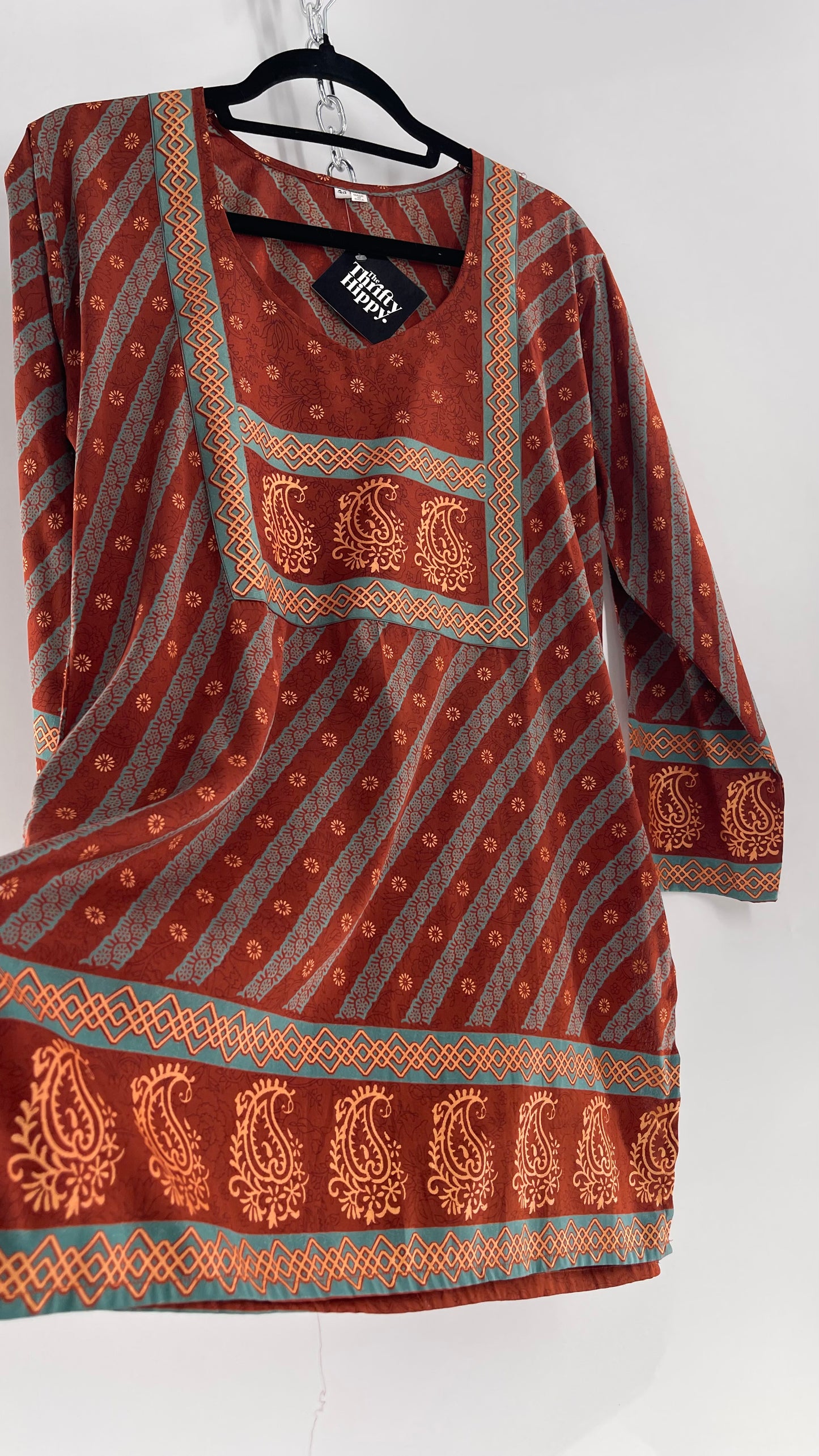 Vintage 1970s Indian 100% Silk Tunic Burnt Orange, Teal and Gold (40)