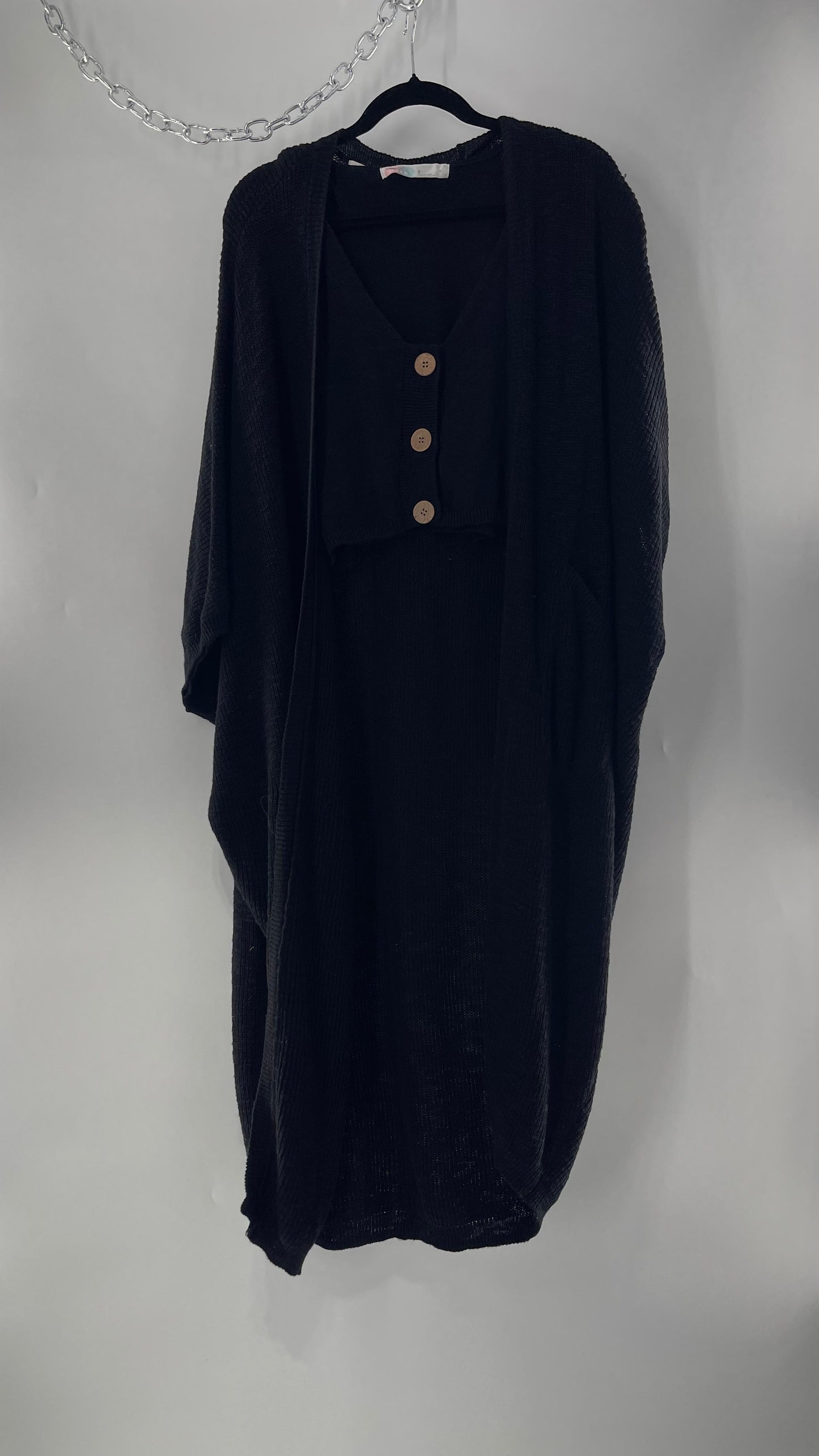 Free People Kai 3 piece Black Knit Cardigan, Tank, Shorts Set with Extra Button Never Worn (Medium)