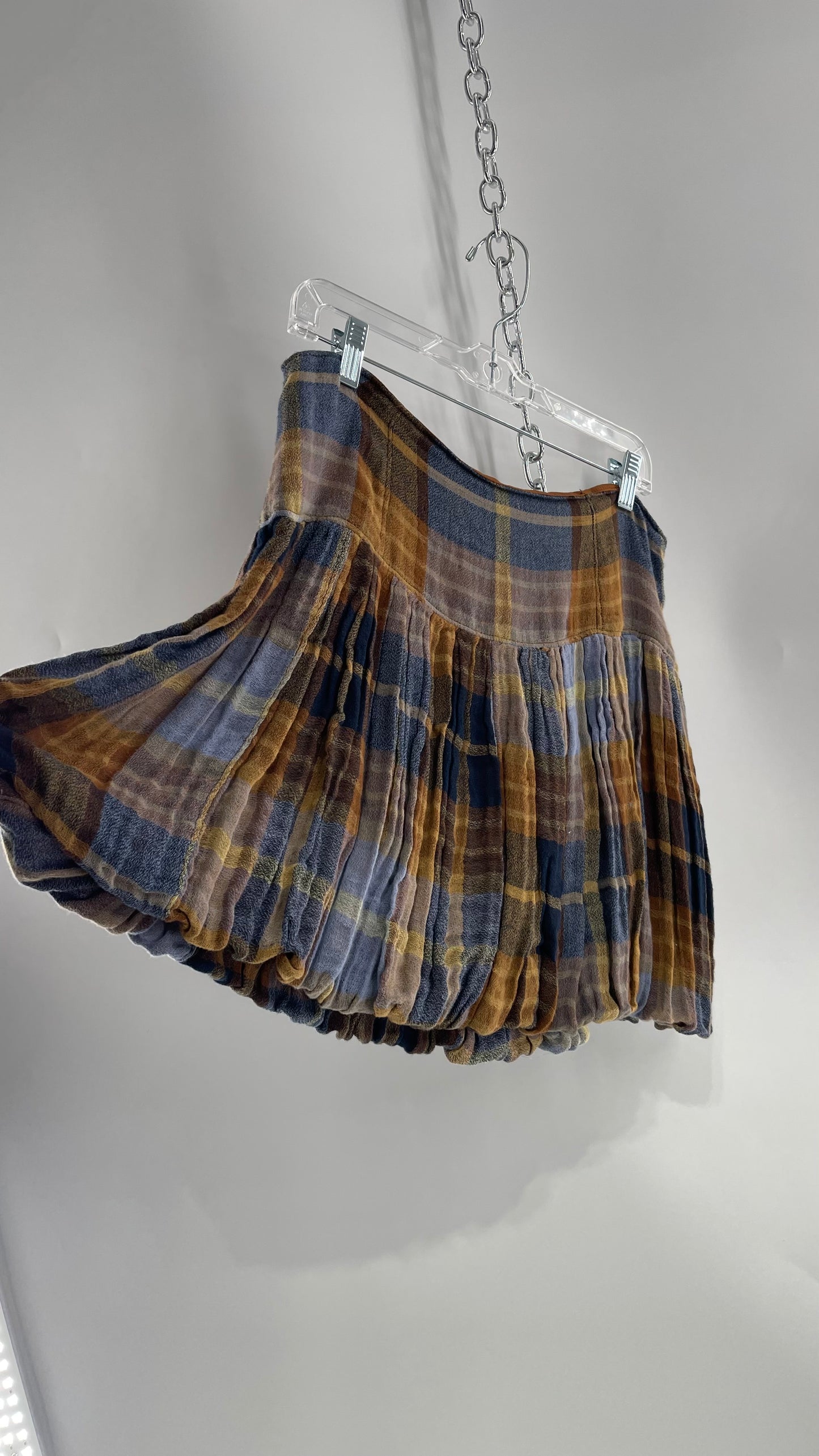 Free People Plaid Blue Brown Mini Skirt with Balloon Hem with Tags Attached (12)