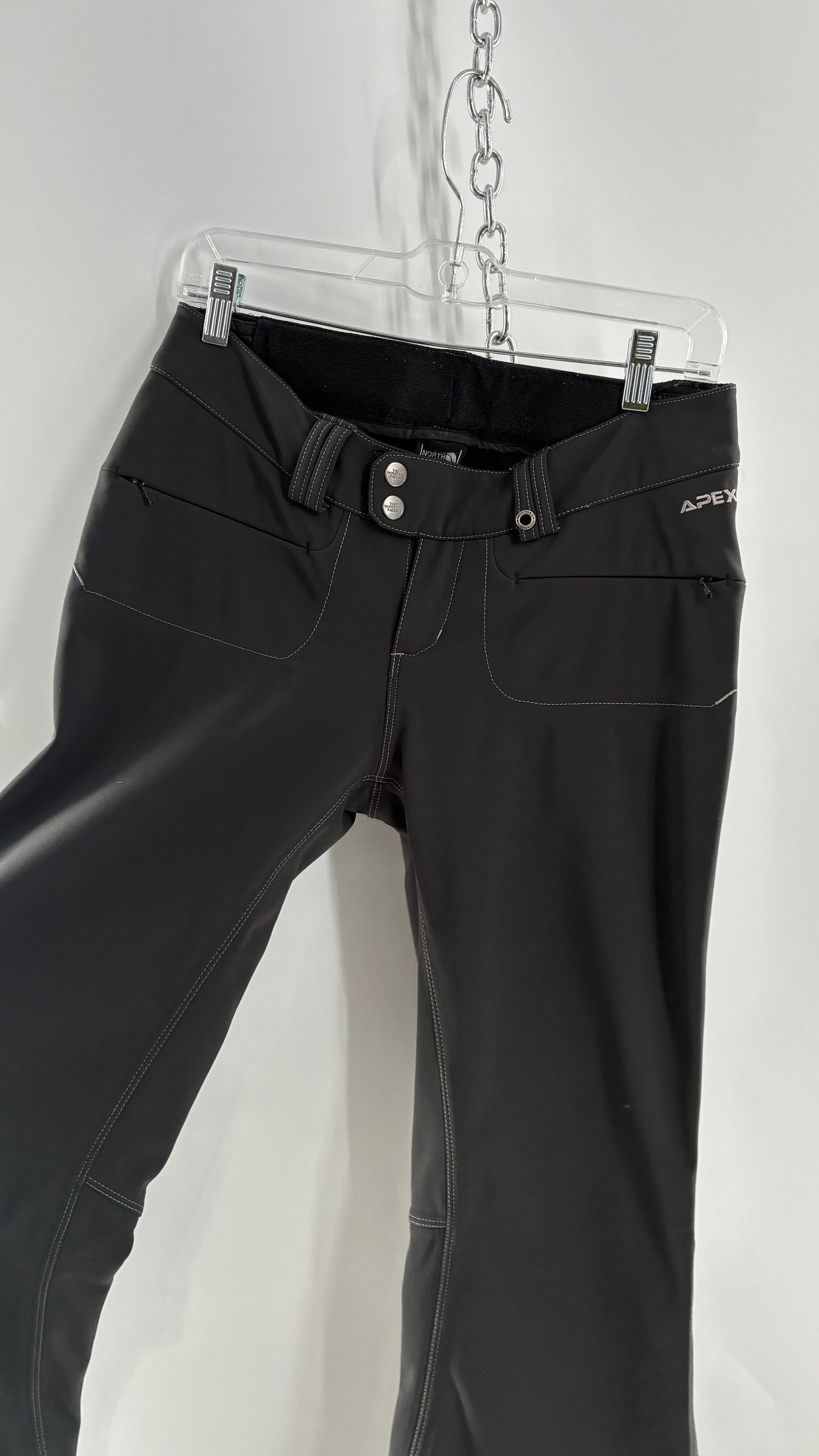 Vintage North Face Dark Gray, Low Rise, Kick Flare Pants with Contrast Stitching, Side Closure and Oversized Bum Pockets (Small)