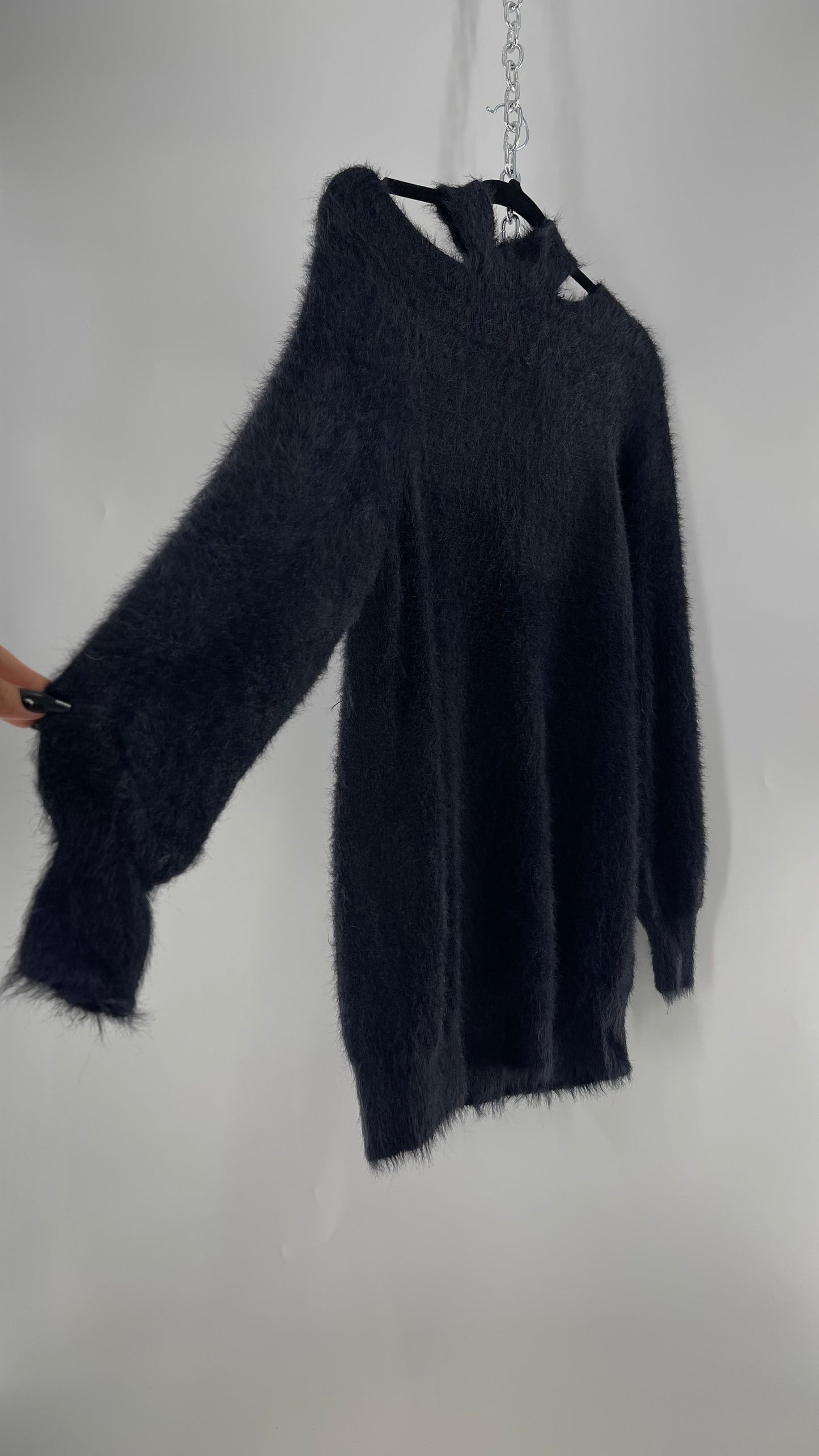Callahan Black Fuzzy/Shaggy Slouchy Sweater with Choker Neckline Detail (Small)