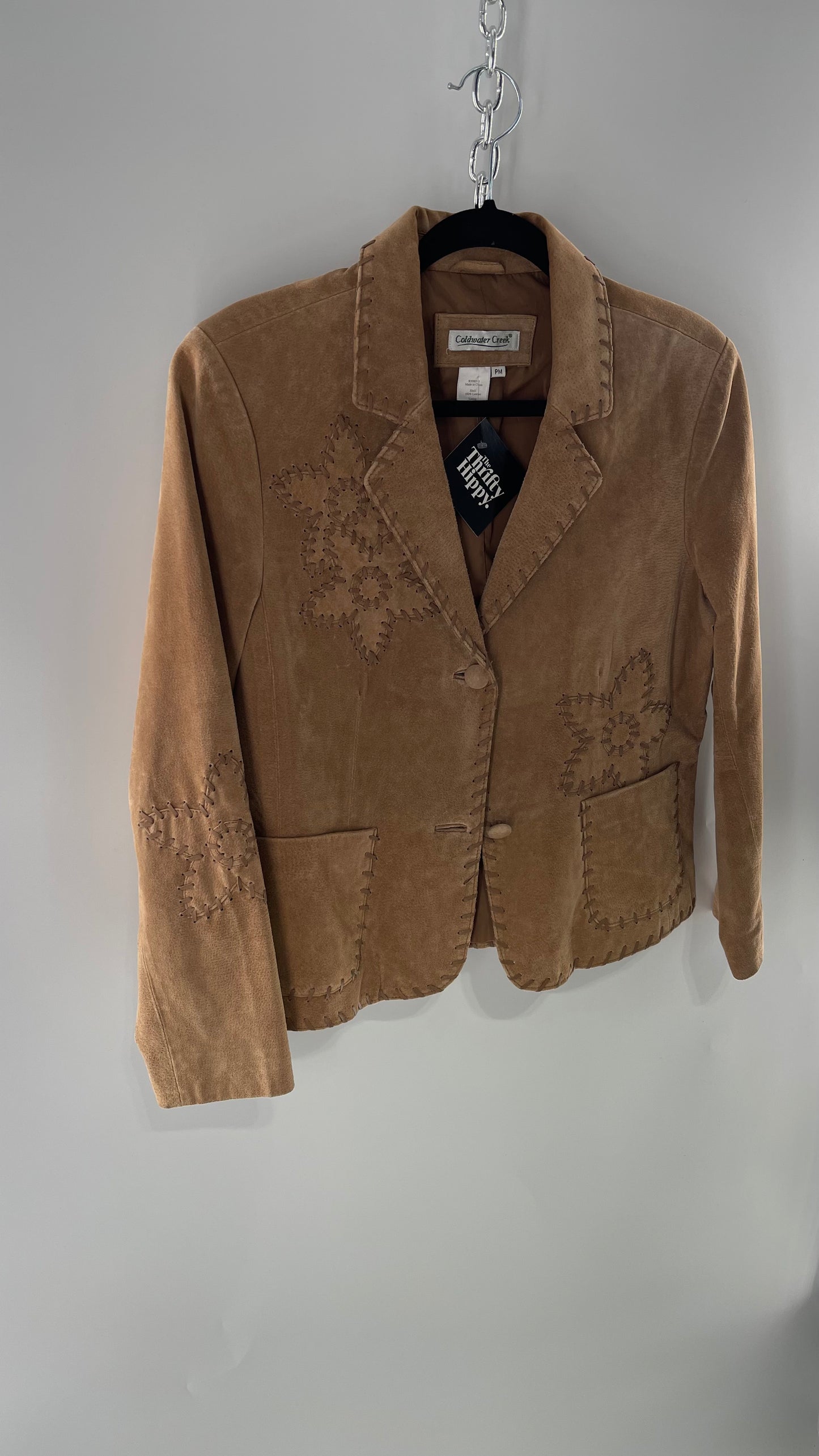 Vintage Rare Light Brown Genuine Suede Blazer with Embroidered Suede Flower and Contrasting Thick Leather Stitching (Medium)