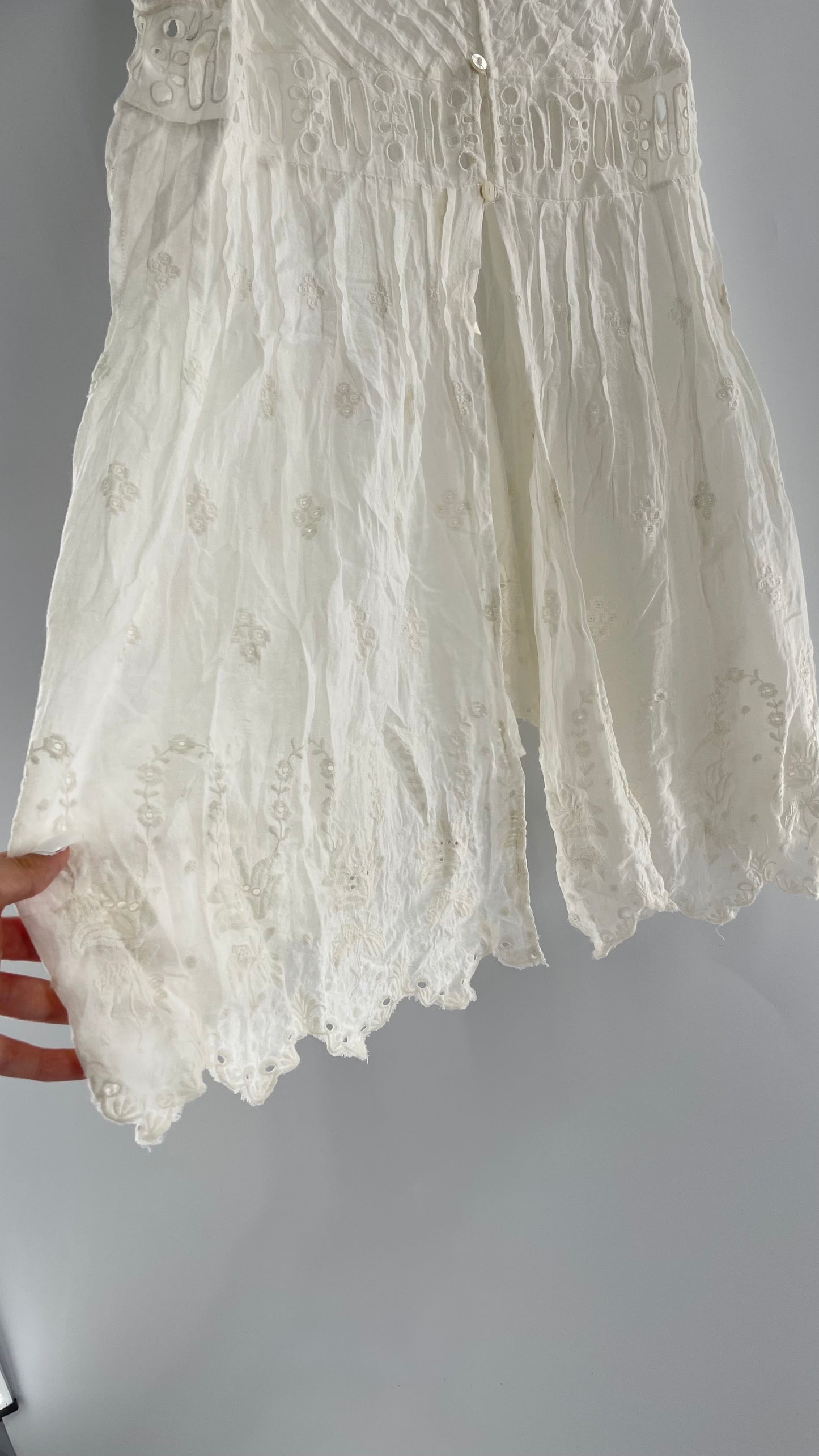 Free People White Cotton Eyelet Embroidered Lace Tank with Pleating, Buttoned and Slit Back (Small)