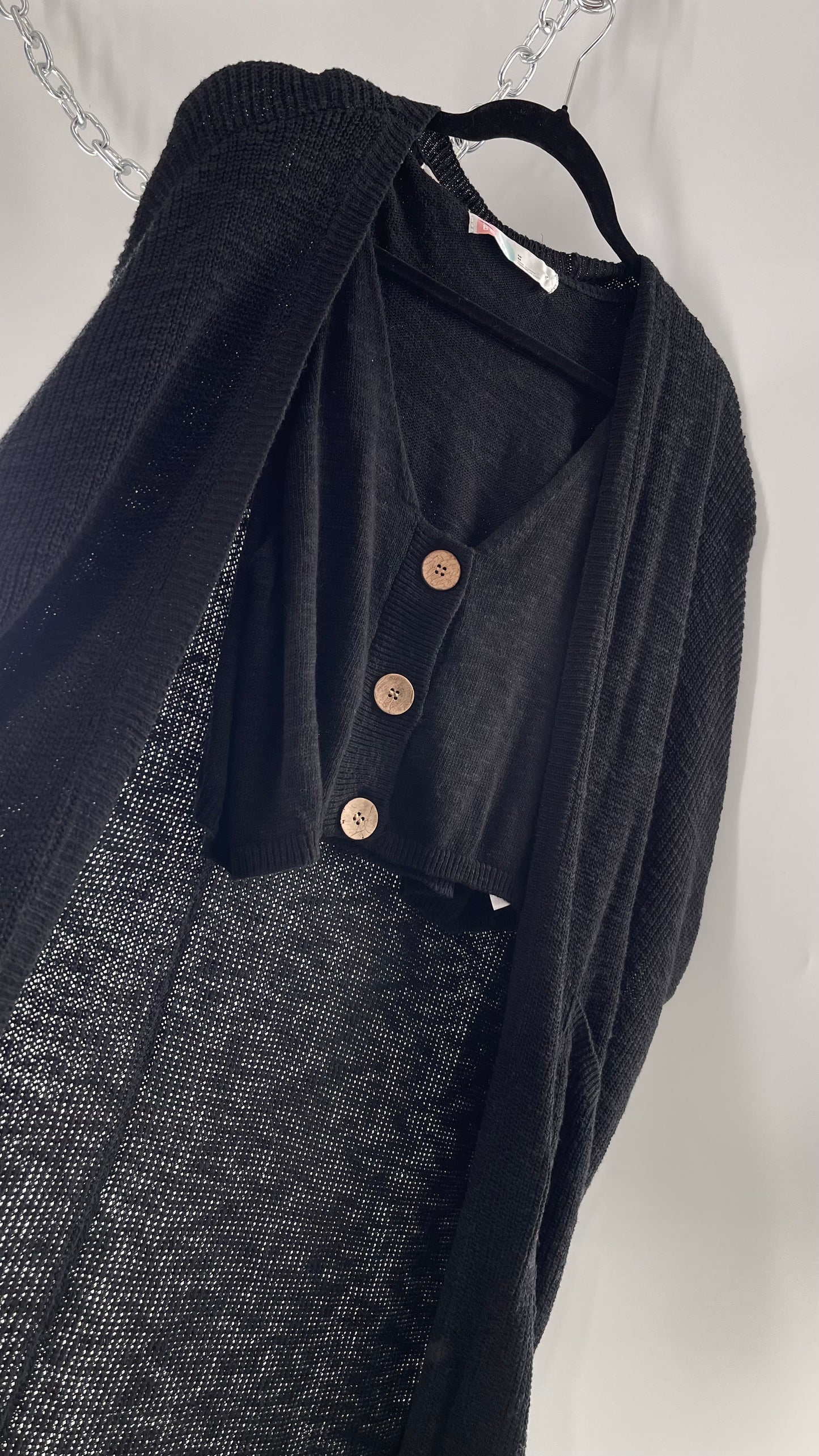 Free People Kai 3 piece Black Knit Cardigan, Tank, Shorts Set with Extra Button Never Worn (Medium)