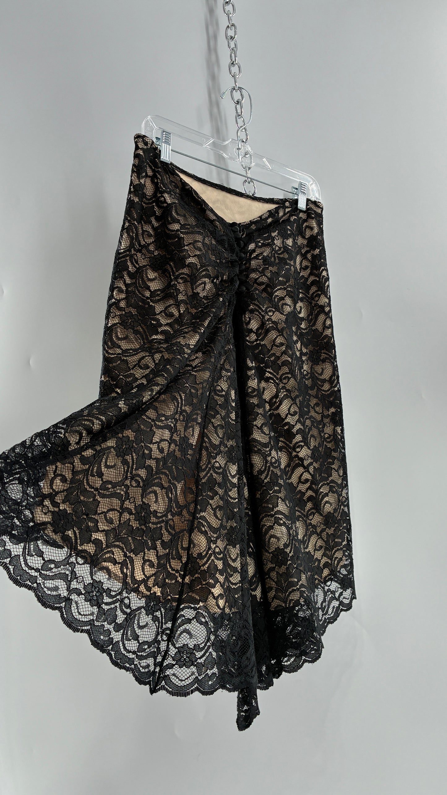 Vintage HEART MOON STARS Black Lace Overlay + Nude Underlay Skirt with Low Wired Back, Ruched Bum, and Button Down Back(8)