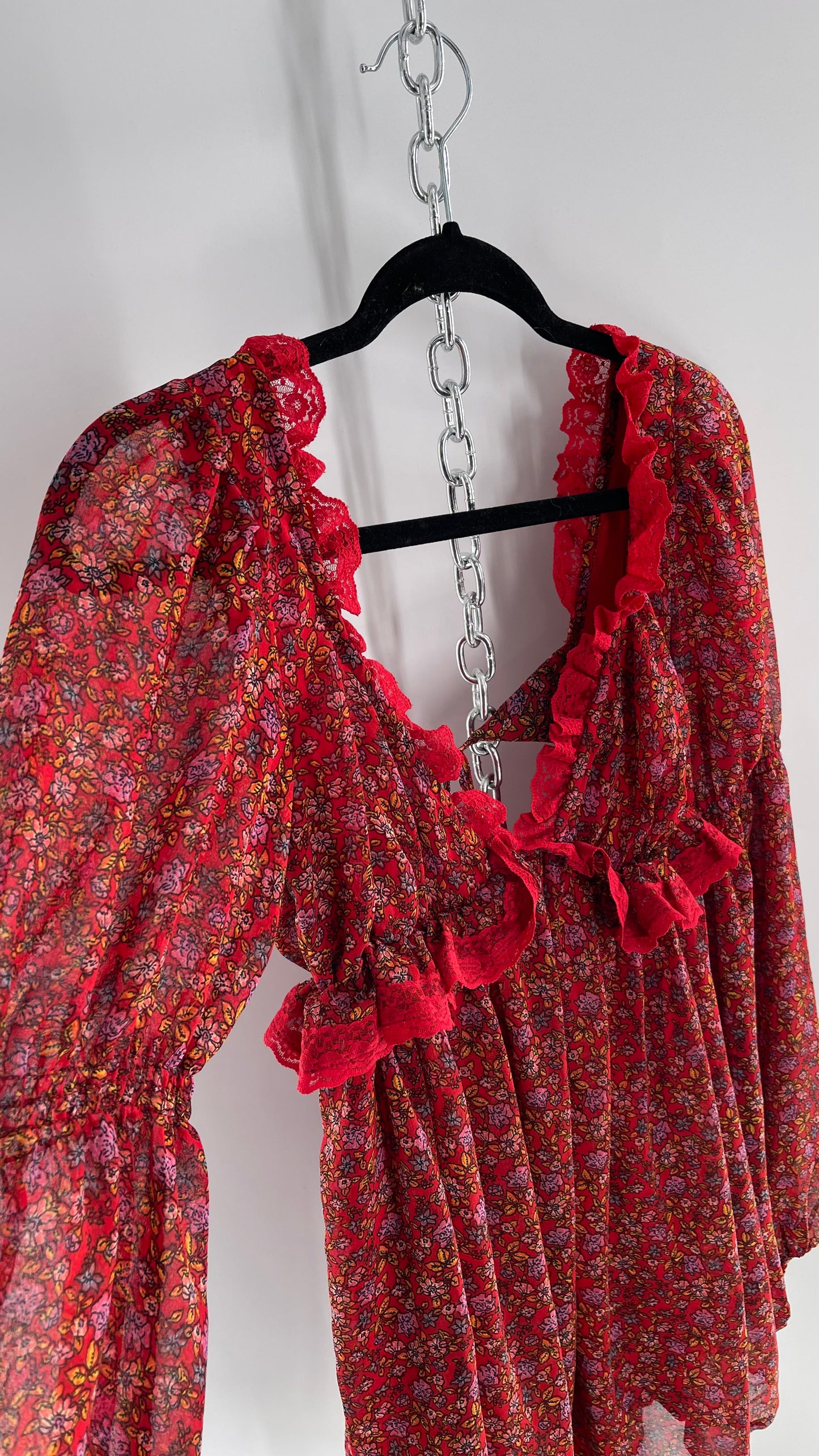 Free People Red Floral Mini Dress with Lace Trim, Open Back and Balloon Sleeves (Small)