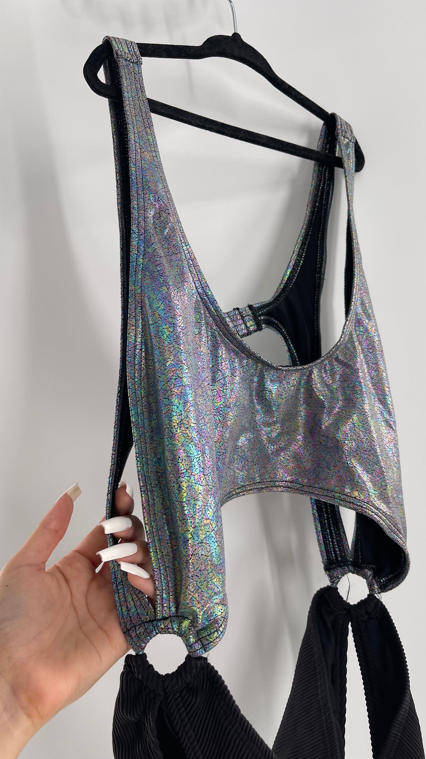 Urban Outfitters Out From Under Bathing Suit Metallic Gas Spill Top and Ribbed Black Bottom Connected by Rings (Large)