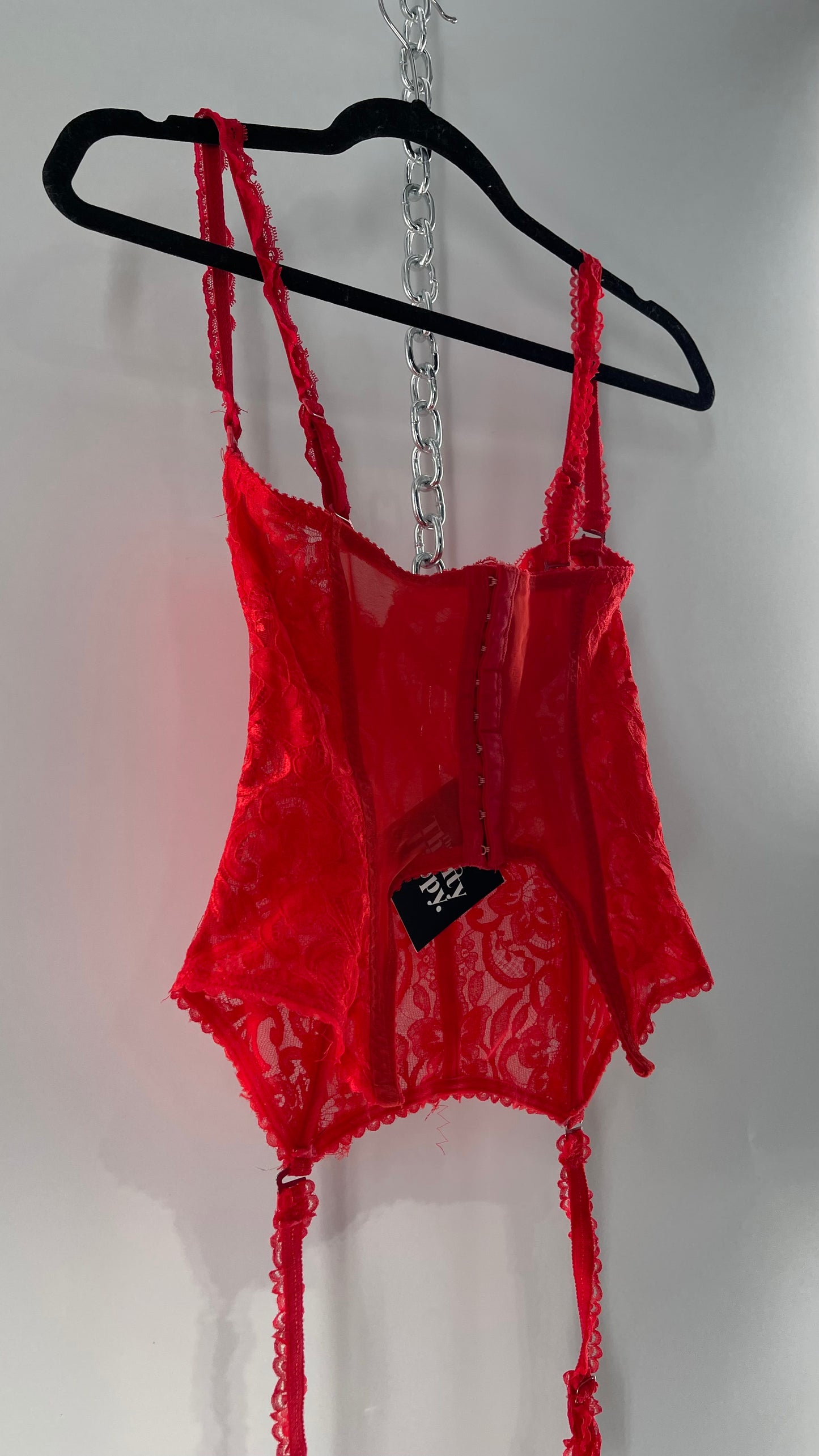 90s Vintage Red Lace Corset with Ruffled Sleeves and Removable Garter Straps (32B)