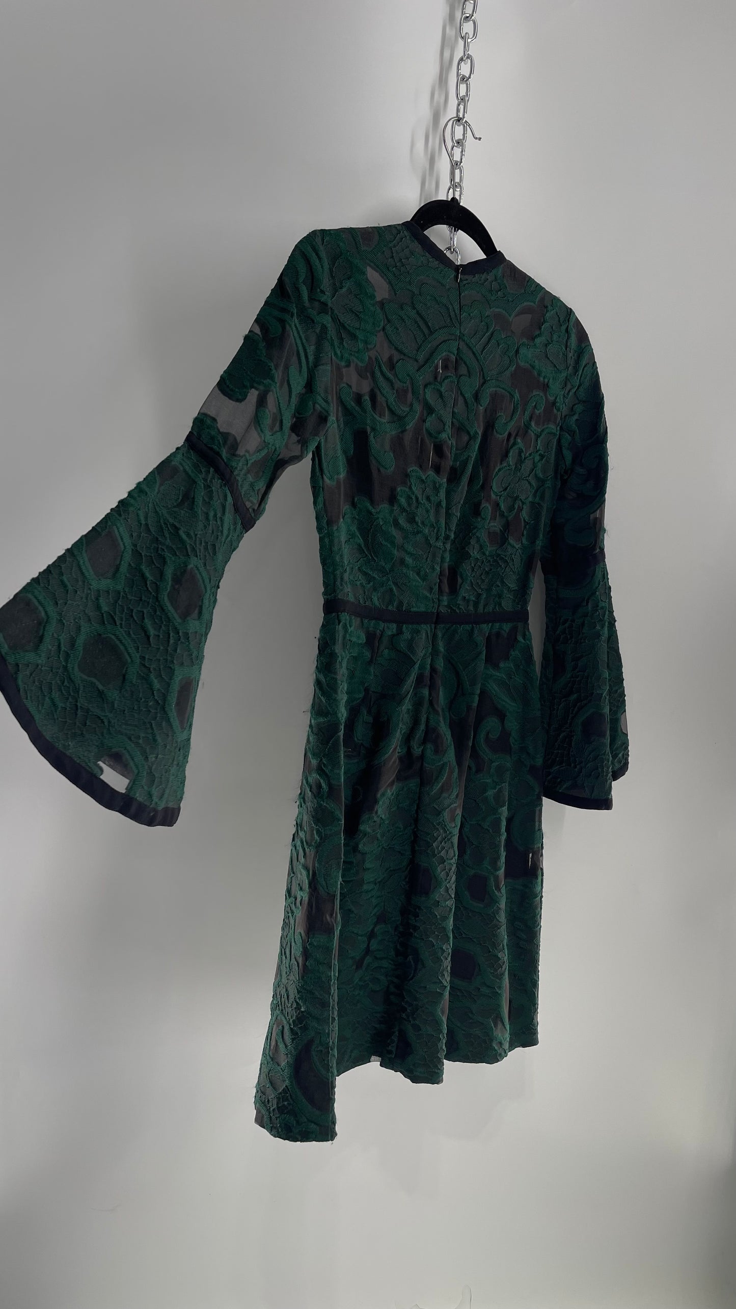 Vintage Ellie Saab Forest Green Lace Dress with Bell Sleeves (36)