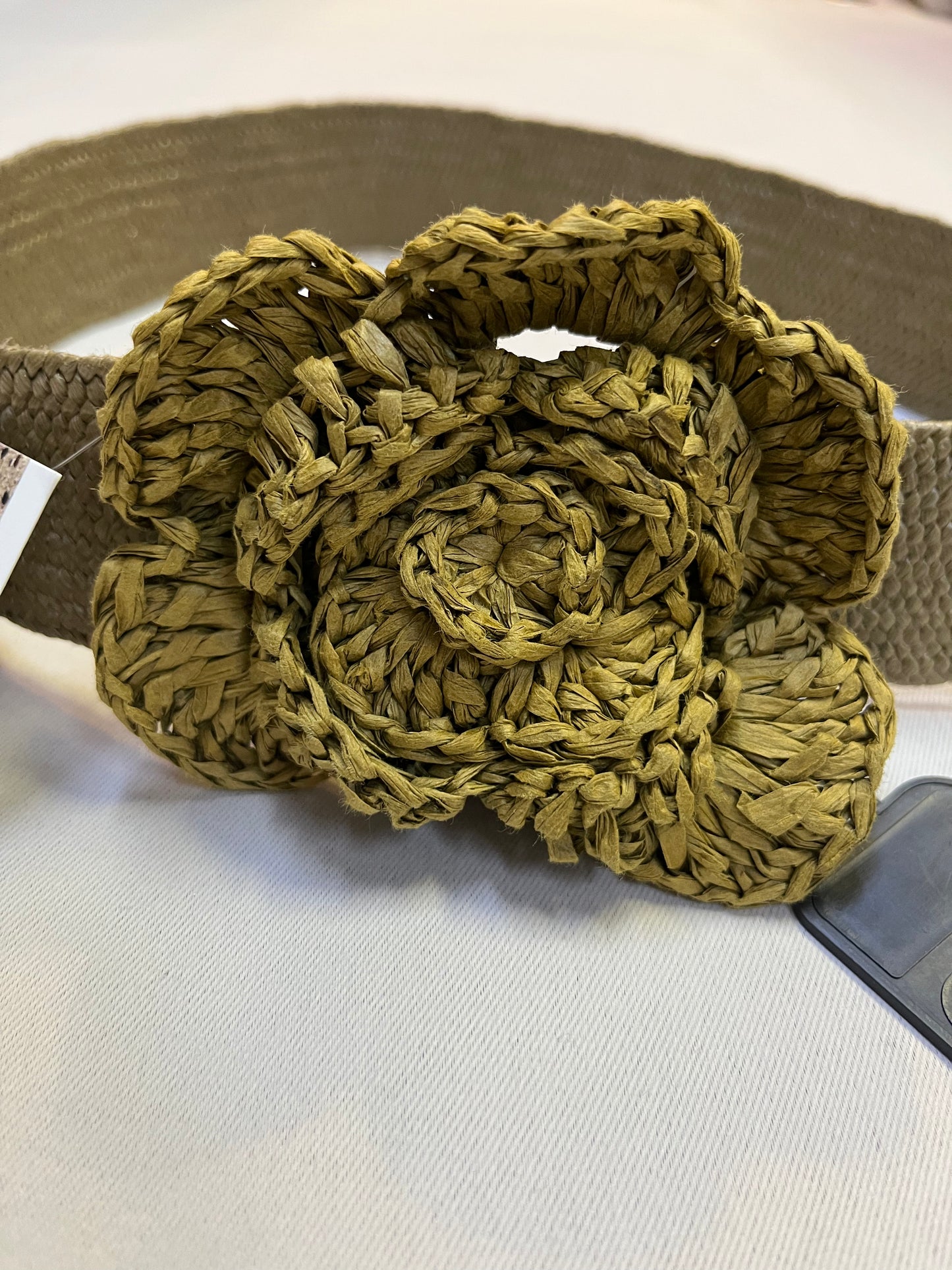 Vintage Miss Albright Elastic Tan Woven Belt with Artisan Looking Crochet Flower (M/L)