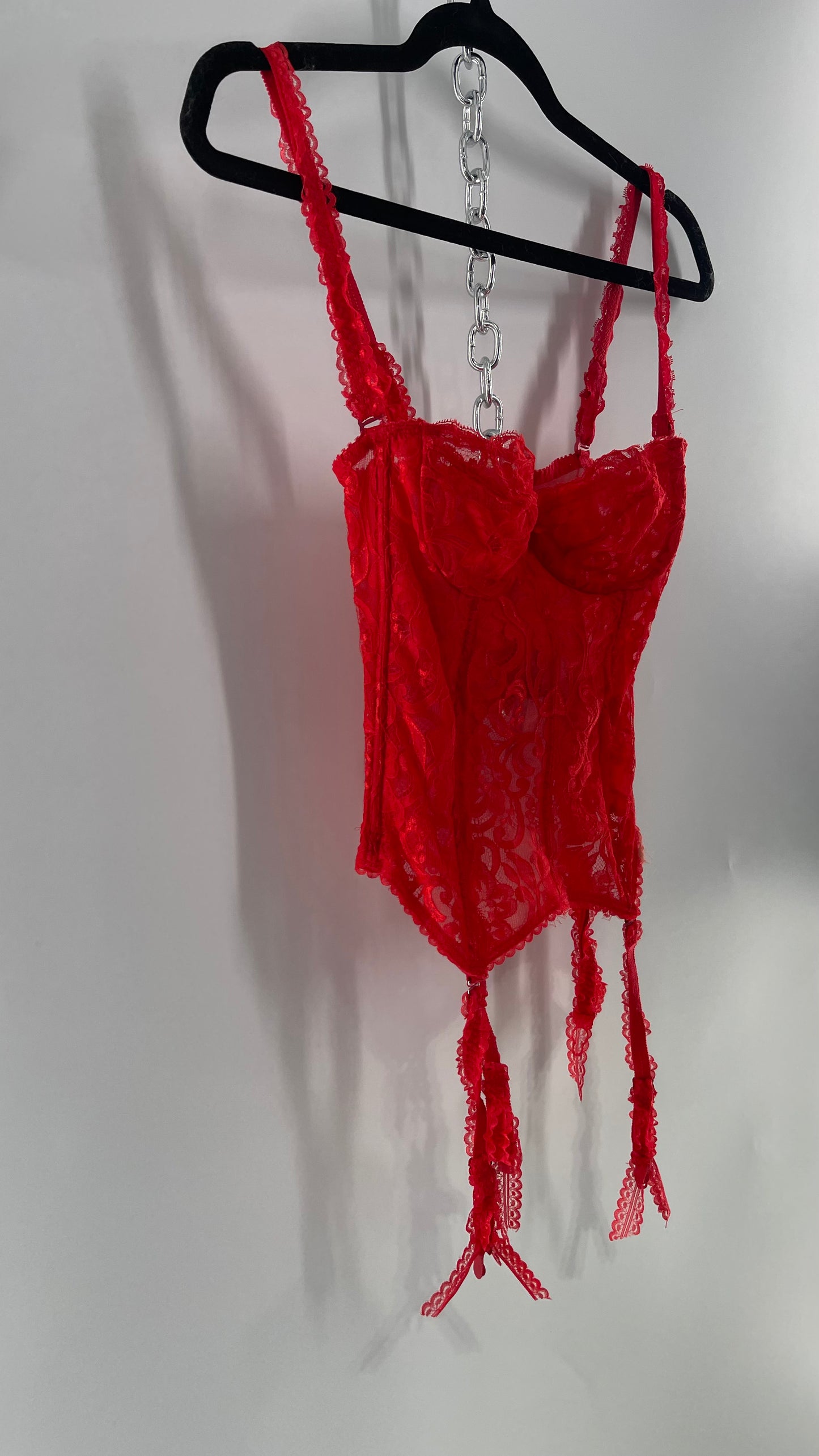 90s Vintage Red Lace Corset with Ruffled Sleeves and Removable Garter Straps (32B)