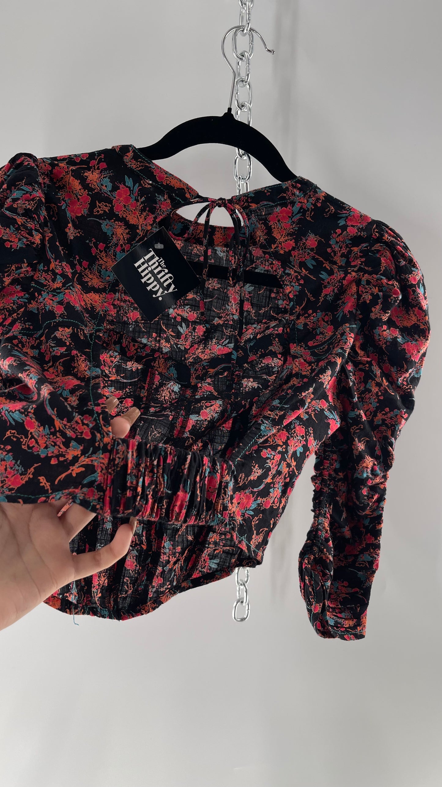 Free People Black Corset-esque Crop Top with Open Back and Ruched Sleeves (XS)