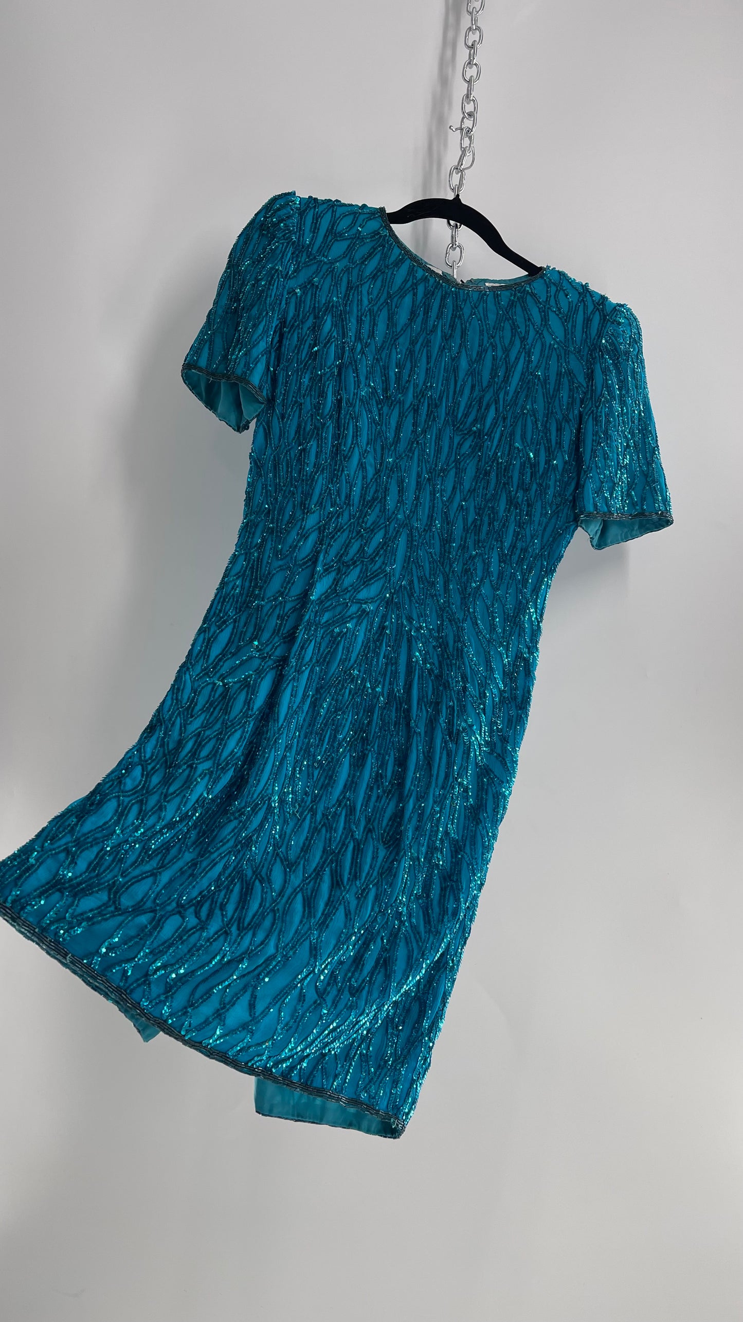 Vintage Sténay 100% Silk Bright Blue Sequin Mini Dress (4)