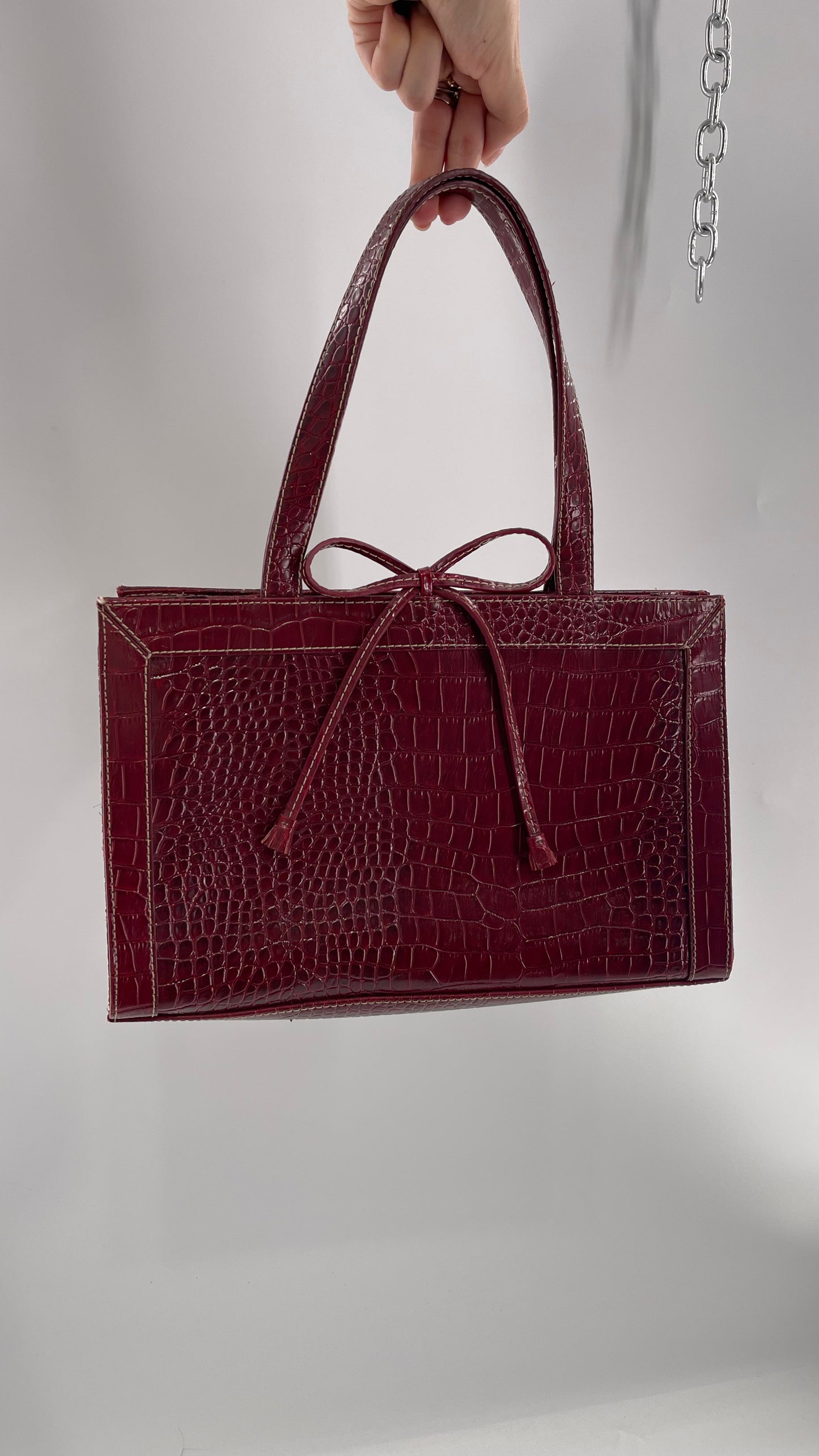 Vintage Liz Claiborne 1990s Cherry Red Crocodile Embossed Structured Bow Bag