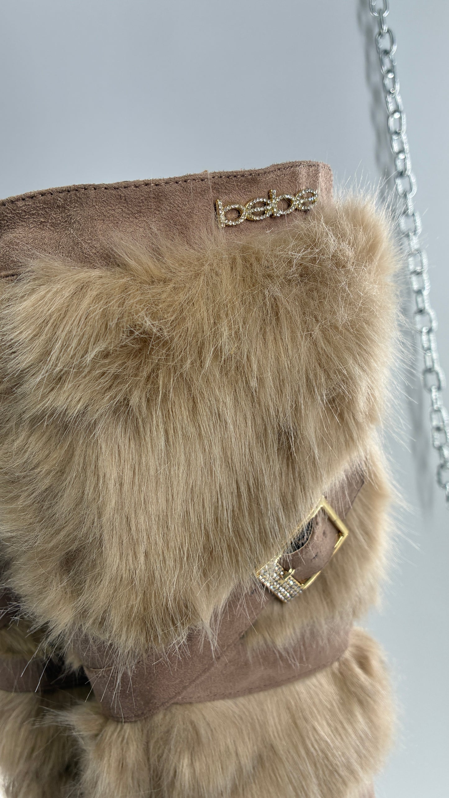 Vintage BEBE Wedge Heel Knee High Vegan Fur, Strappy Boots (6)