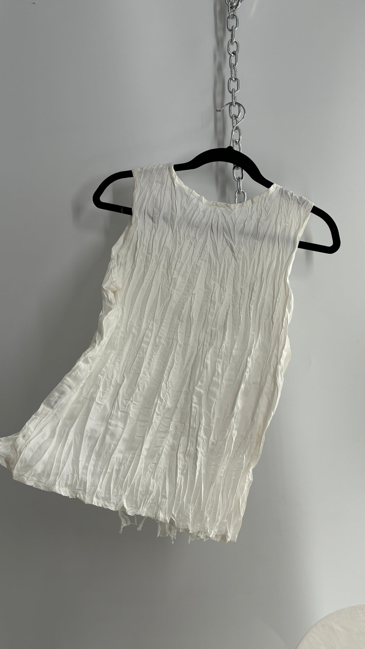 Vintage 1990s Crimped White Camisole with Tassels, Ribbons, and Lace (Medium)