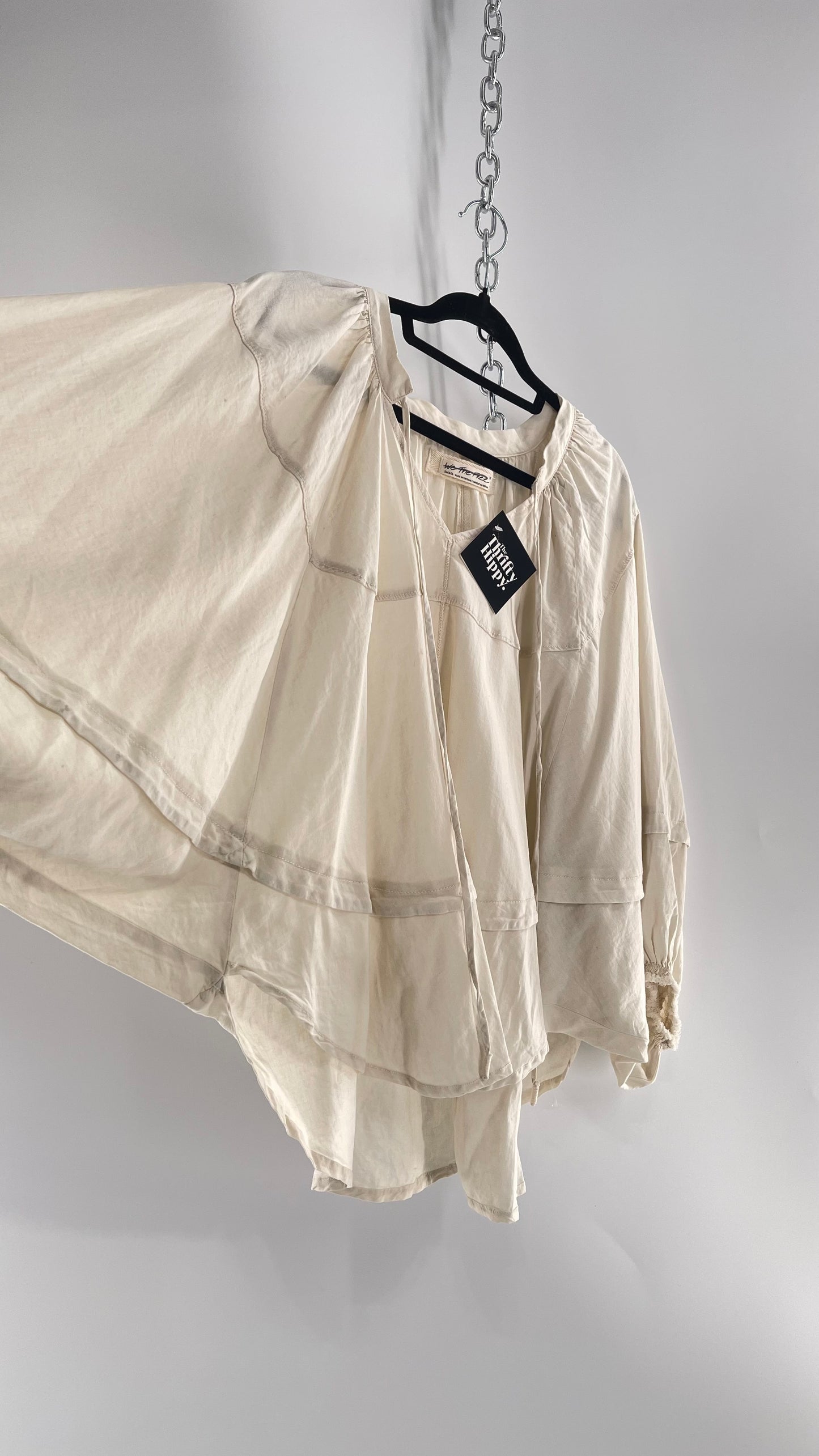 Free People Beige Off White Billow/ Prairie Sleeve Cape Blouse (Small)