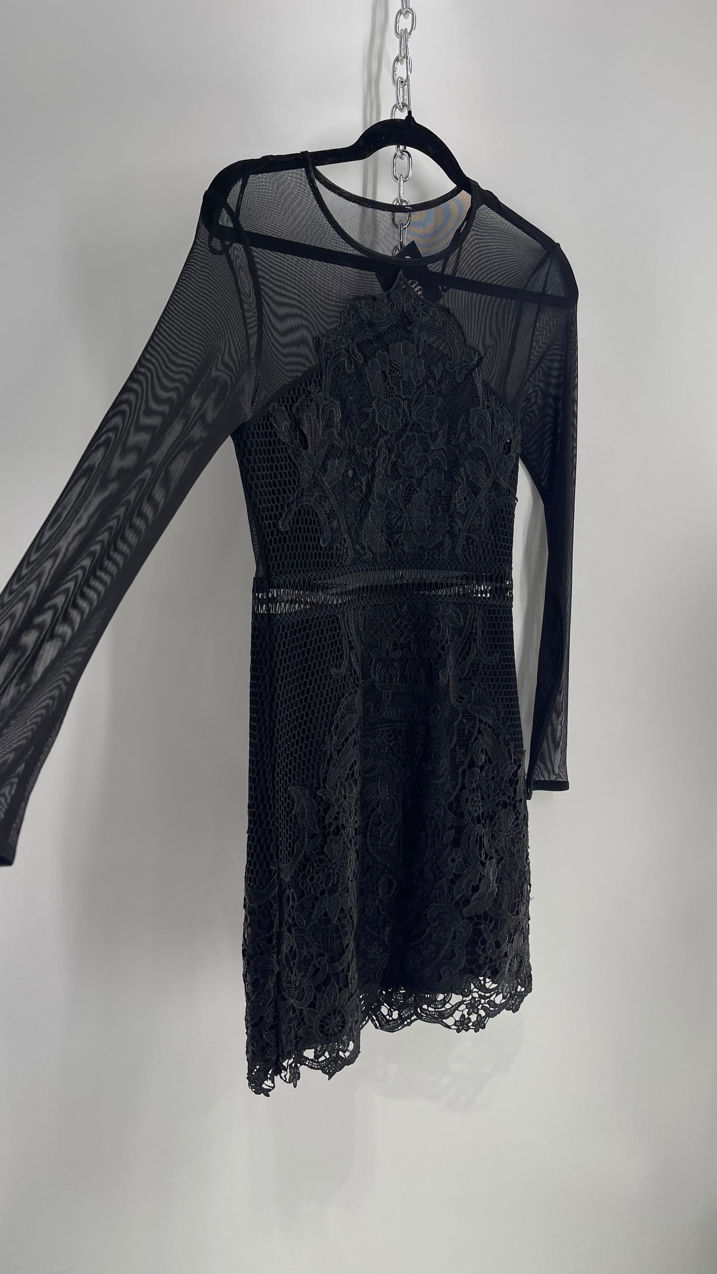 Mesh + Thick Lace Appliqué Mini Dress with Sheer Open Back (Small)